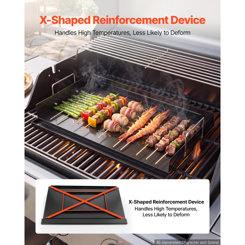 VEVOR Plancha Grillplaat 635 x 406 mm, koolstofstaal, antiaanbaklaag, ideaal voor gasfornuizen, barbecues en kamperen, afneembare zijpanelen, vetopvangbak, spatbescherming en een kookoppervlak van 630 x 365 mm
