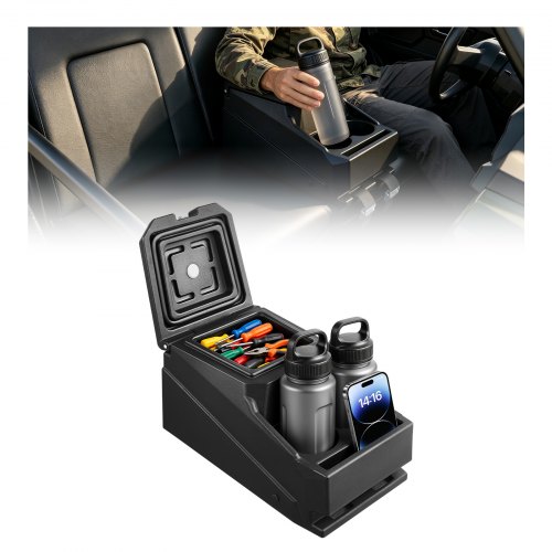 VEVOR middenconsole opbergbox voor Polaris Ranger & Can-Am Defender 17-26, afsluitbare HDPE opbergbox met bekerhouder en telefoonhouder, interne afwateringsgaten, zwart