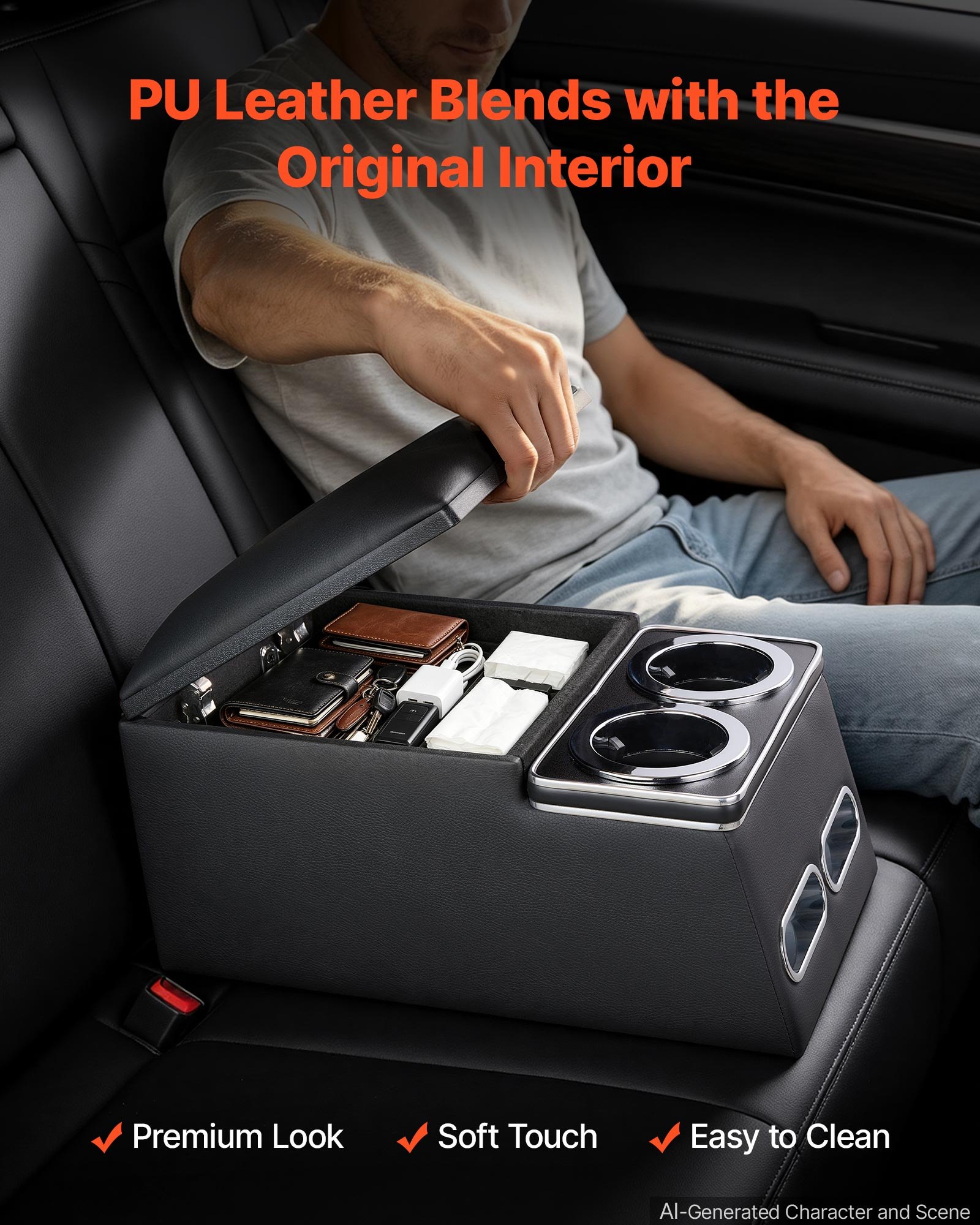 VEVOR Universal Rear Bench Seat Center Console Armrest Storage Box, Back Seat Tools Organizer with Cup & Phone Holders, Automotive Central Console for MPV, Sedan, SUV