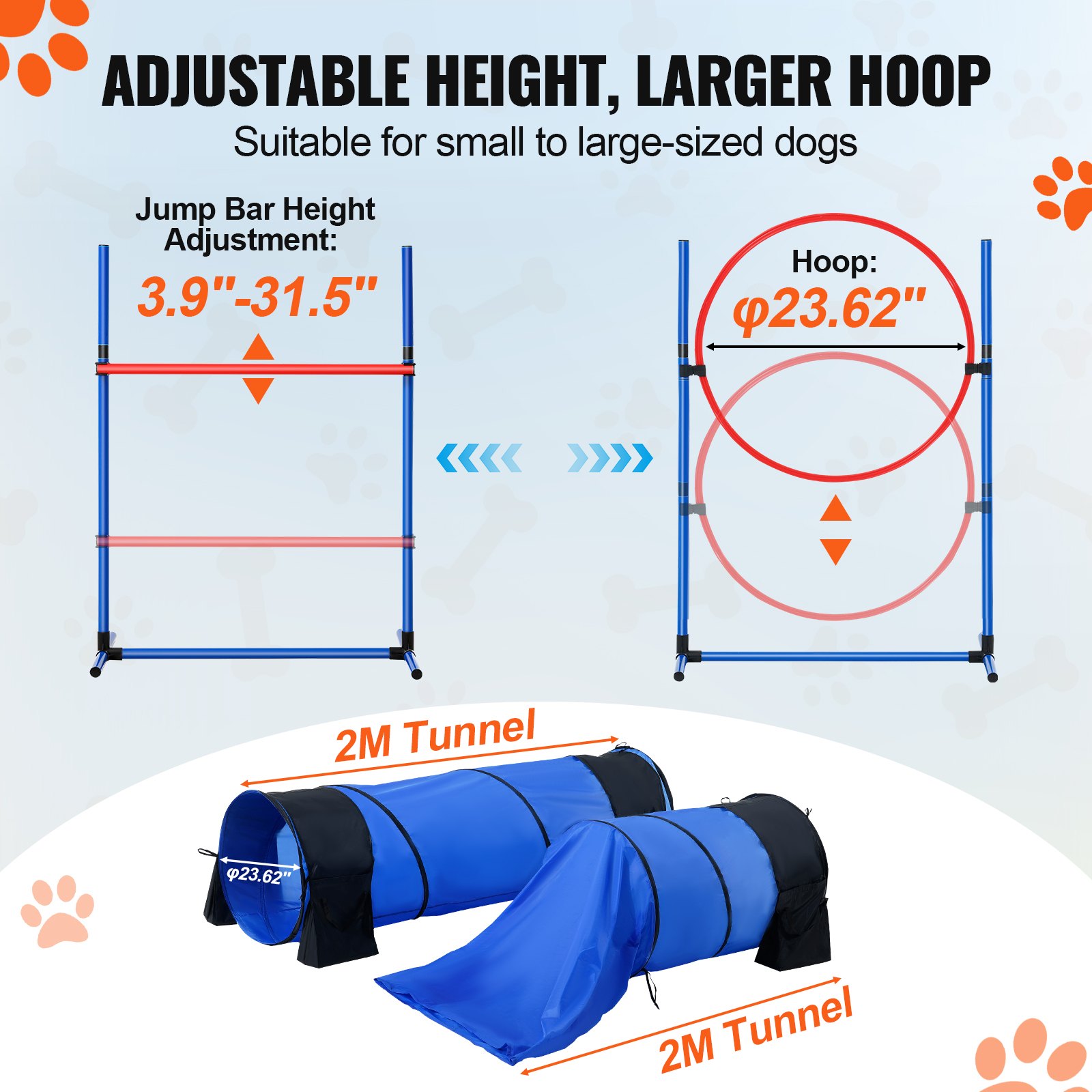 VEVOR Dog Agility Training Equipment, 7 PCS Set w/ Adjustable High Hurdles,6 Weave Poles,2 Tunnels,Jump Ring,Pause Box, Whistle,Foldable Bowl,Puppy Obstacle Course Kit w/ 3 Bags