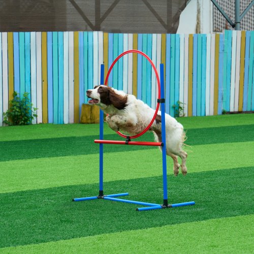 VEVOR Agility-trainingsuitrusting voor honden, 7-delige set, obstakelpad voor puppy's, in hoogte verstelbaar, 6 stangen, 2 tunnels, springring, pauzendoos, 3 frisbees, fluitje