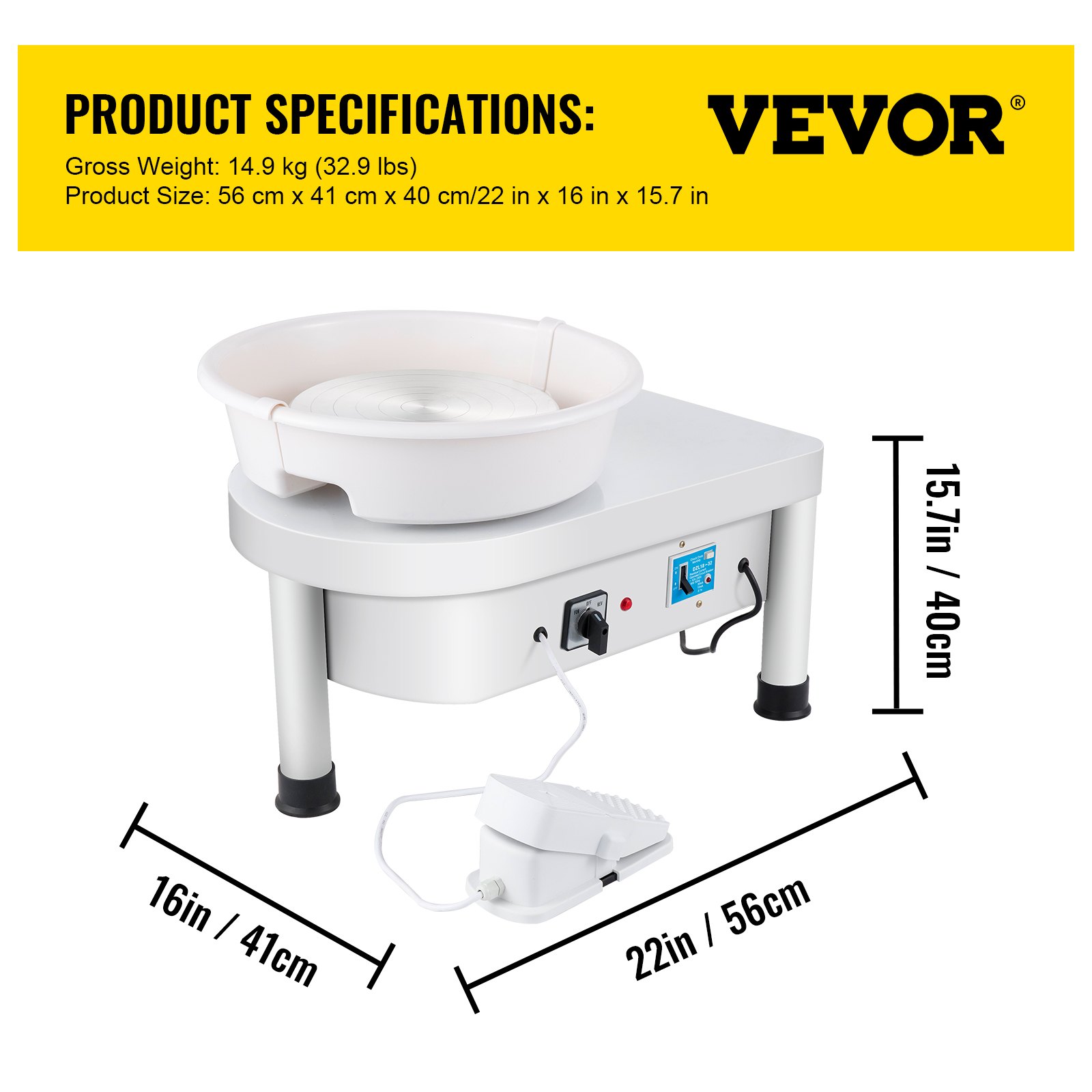 VEVOR Keramische Machine 280 W Aardewerk Machine 25 cm Elektrisch Aardewerk Wiel met Voetpedaal, Lekkagebeschermingsapparaat en ABS Kunststof Bak voor Aardewerk Verwerkt Inclusief Gooien en Vormen