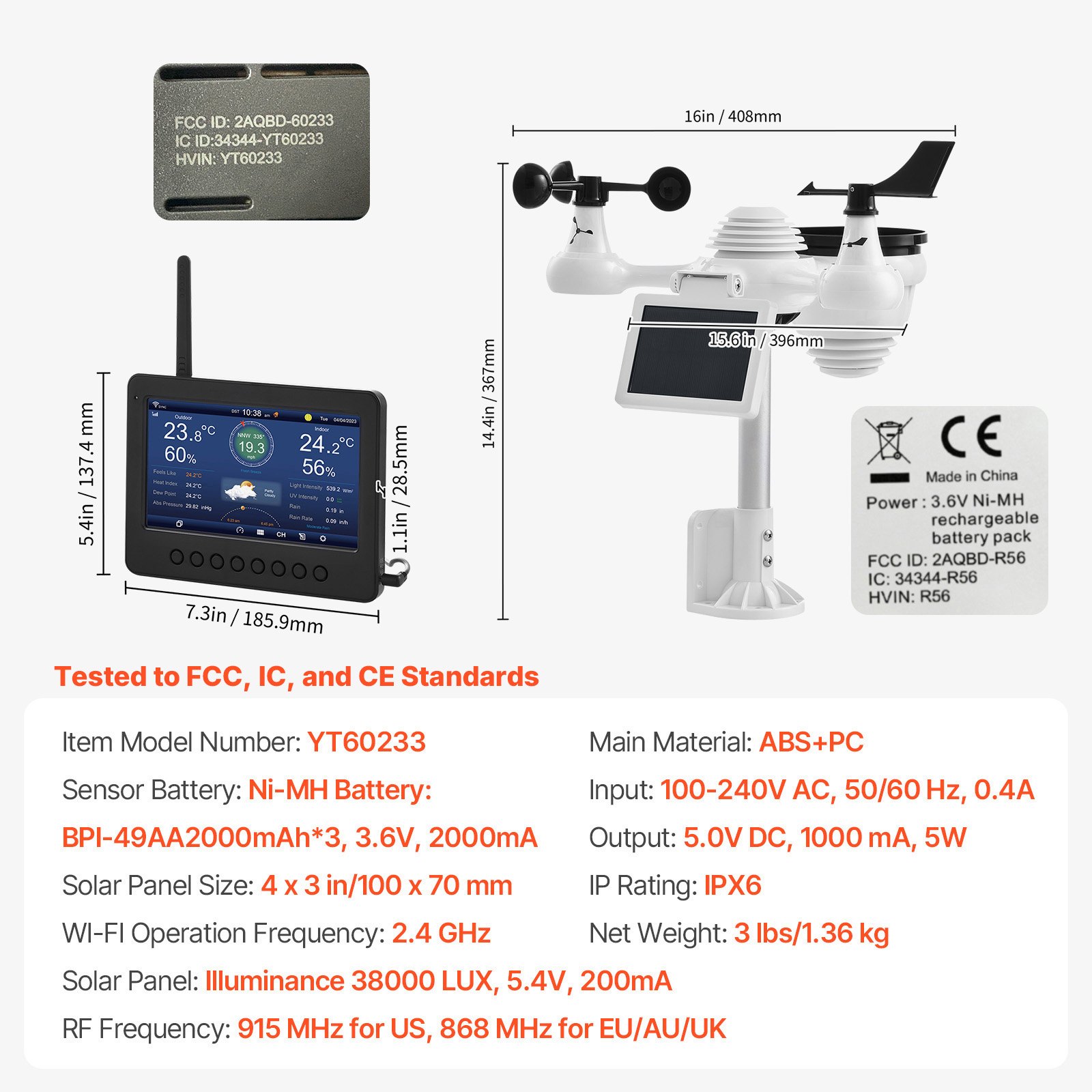 VEVOR 7-in-1 WLAN-weerstation 186 mm (7 in) TFT-display draadloze buitensensor IPX6