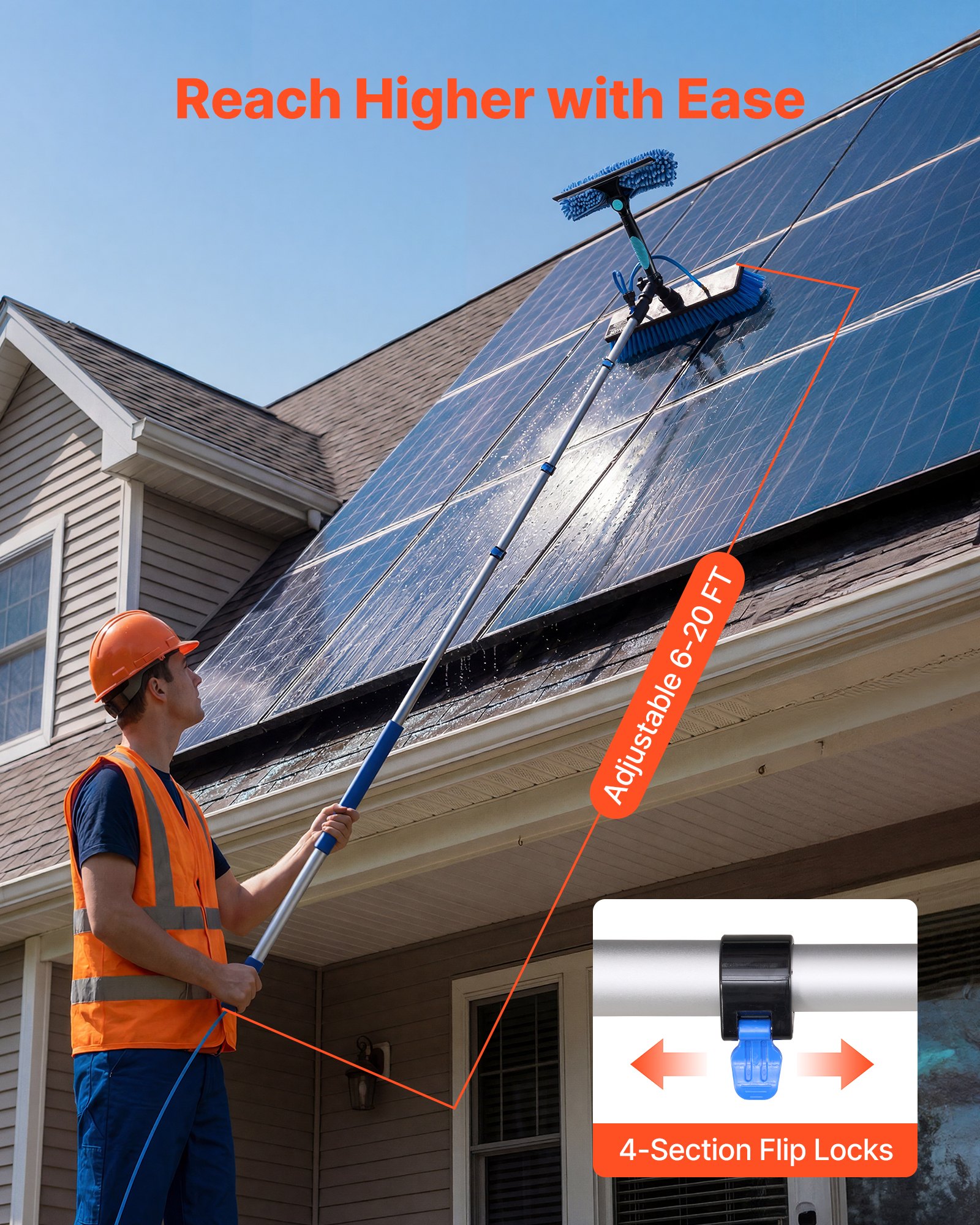 VEVOR Telescopische Wasborstel voor Zonnepanelen, Fotovoltaïsche Reiniger incl. 1,7-6 m Aluminium Telescoop, 20 m Wateraansluiting, 180° Borstel, Raamwisser, Zeepdispenser, Reinigingsset voor Zonnepanelen, Ramen en Terrasdaken