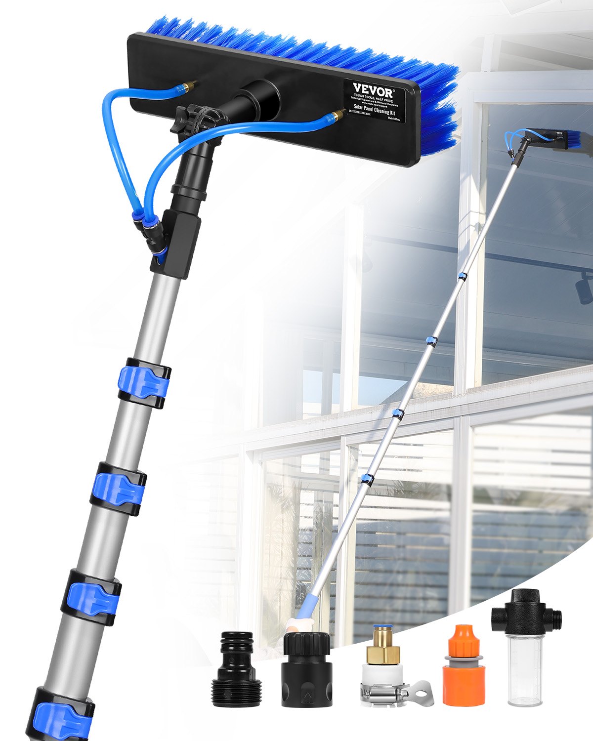 VEVOR Telescopische Wasborstel met Telescopisch Handvat, 7,3 m Lange Telescopische Steel met Uitschuifbare Steel, 180° Draaibare Borstelkop & 20 m Slang, voor Huishoudelijk & Buitengebruik, Zonnepanelendekken in Caravans