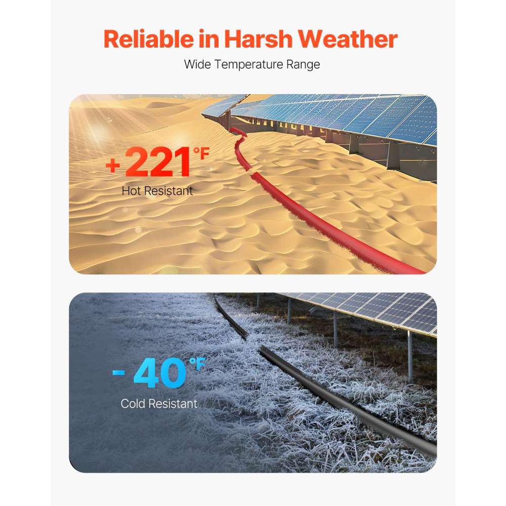 VEVOR 50FT Solar Panel Extension Cable, 10AWG Solar Extension Cable Wire with Female & Male Waterproof Connectors, 6mm² PV Cable for Home, Ship and RV Solar Panels, 50FT Black + 50FT Red (Set of 2)