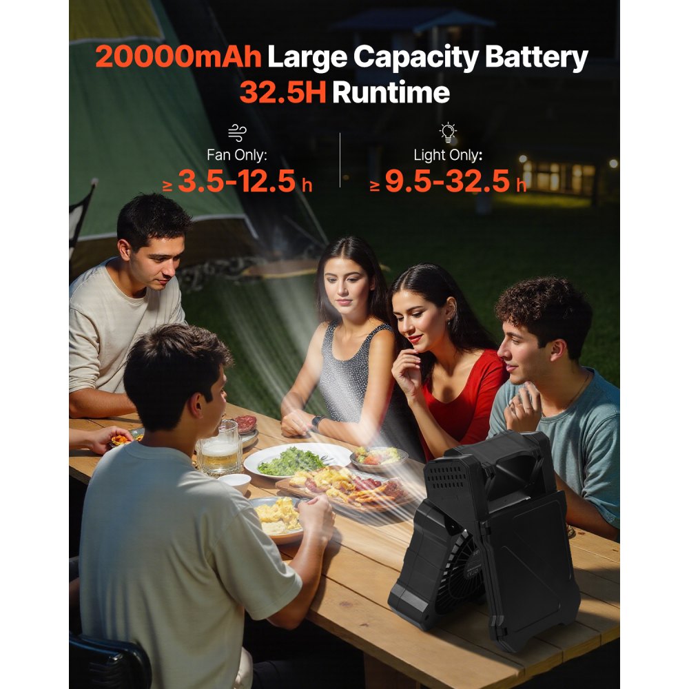 VEVOR 20000mAh Camping Solar Ventilator met LED-lantaarn, Draagbare 20cm Ventilator, met Opvouwbaar 7W Zonnepaneel, 5 snelheden, Timer & Stil, Werkt op USB-batterijen voor kamperen, bouwplaatsen, kantoor, bureau