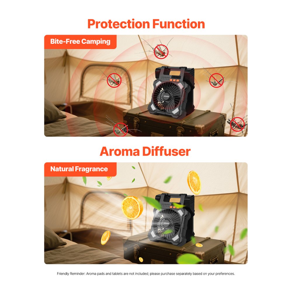 VEVOR 20000mAh Camping Solar Ventilator met LED-lantaarn, Draagbare 20cm Ventilator, met Opvouwbaar 7W Zonnepaneel, 5 snelheden, Timer & Stil, Werkt op USB-batterijen voor kamperen, bouwplaatsen, kantoor, bureau