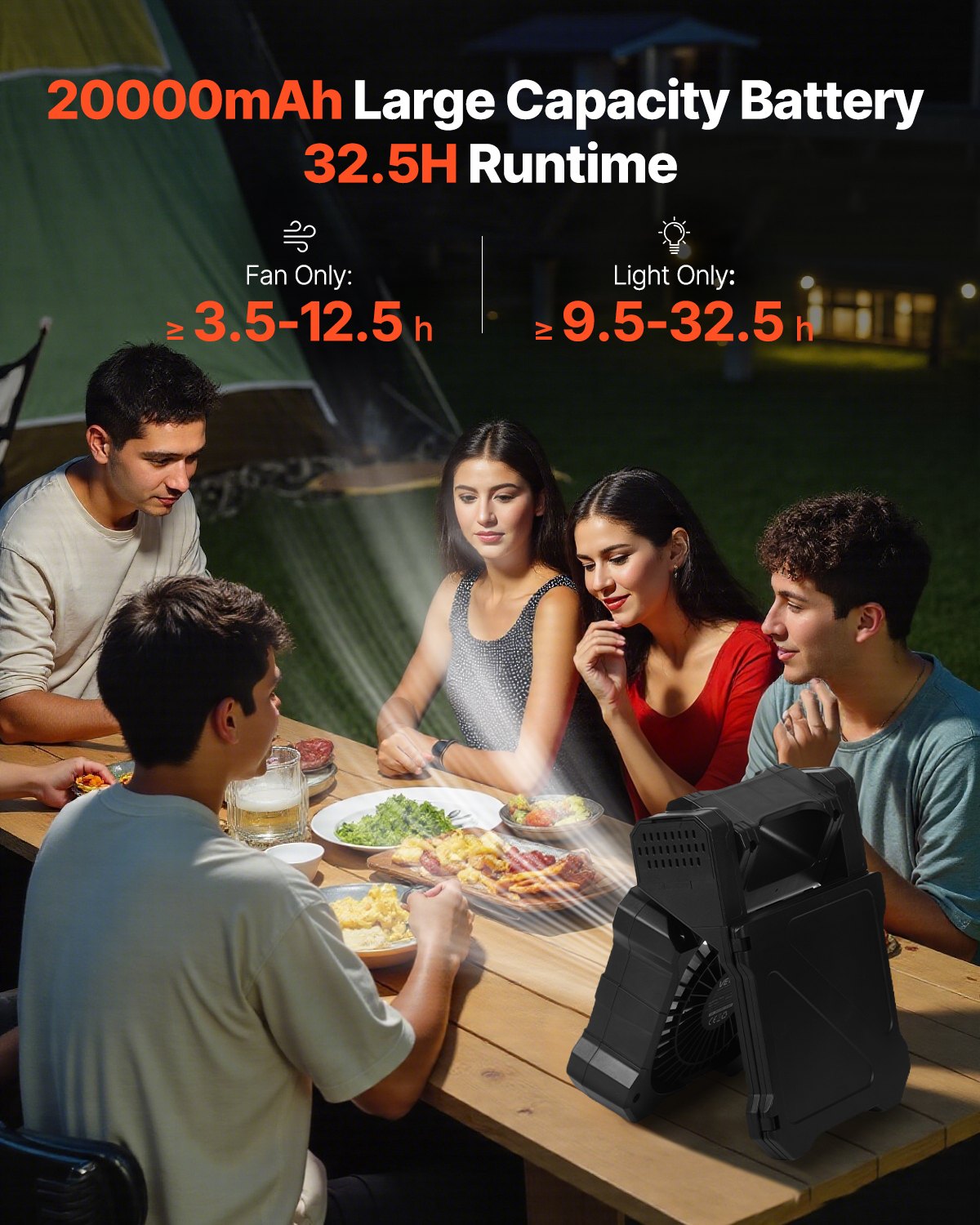 VEVOR 20000mAh Camping Solar Ventilator met LED-lantaarn, Draagbare 20cm Ventilator, met Opvouwbaar 7W Zonnepaneel, 5 snelheden, Timer & Stil, Werkt op USB-batterijen voor kamperen, bouwplaatsen, kantoor, bureau