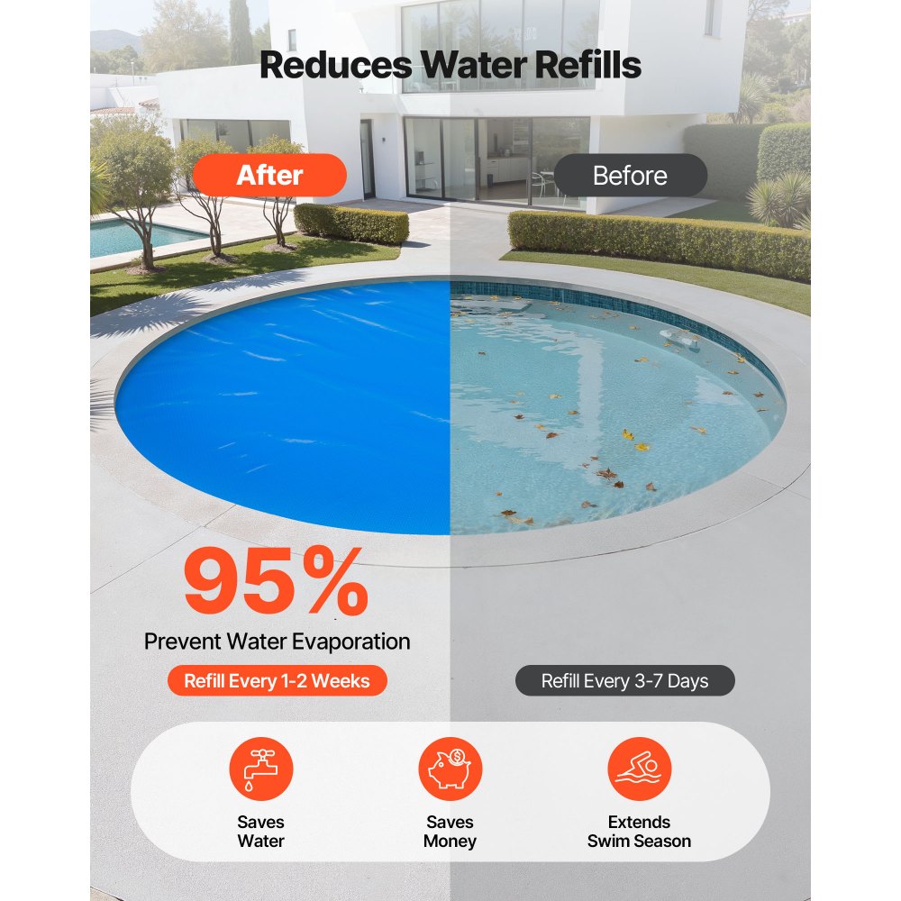 VEVOR Solar Pool Cover, 24 ft Round Pool Bubble Cover, 12 Mil Pools Solar Blanket with Bubble & PE Material, Daytime Heat Absorption, Nighttime Heat Retention, Heat Retaining Solars Covers, Blue