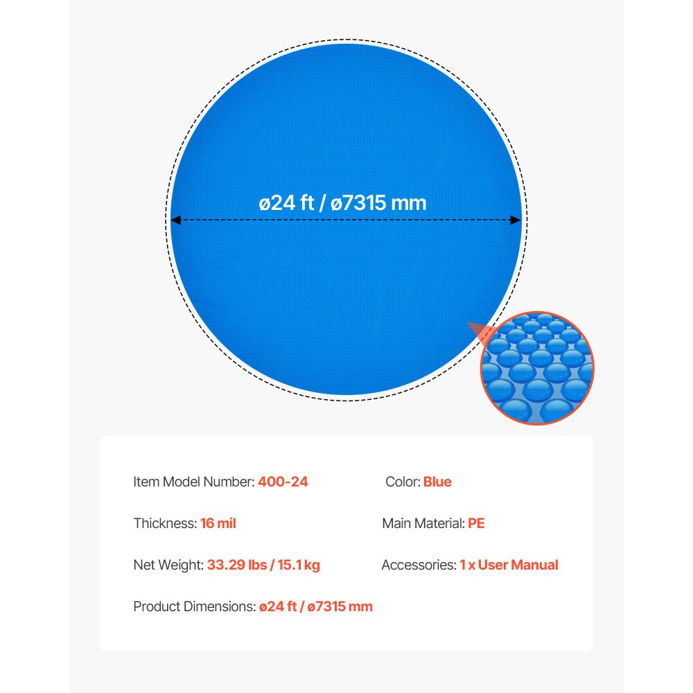 VEVOR Zwembad Solar Cover, Rond, φ7315 mm, Solarfolie, 0,4 mm Zwembad Solar Deken met Luchtkussen & PE-materiaal, Warmteabsorptie overdag, Warmteopslag 's nachts, Solar Covers, Blauw