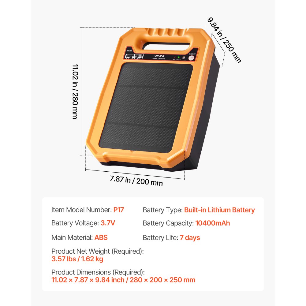 VEVOR Solar Fence Charger,  0.3J 8 kV Solar Powered Fence Charger, 1.86 Miles Range, Weather-Resistant Electric Fence Energizer Kit, 7 Days Runtime, for Livestock, Poultry, Garden Protection