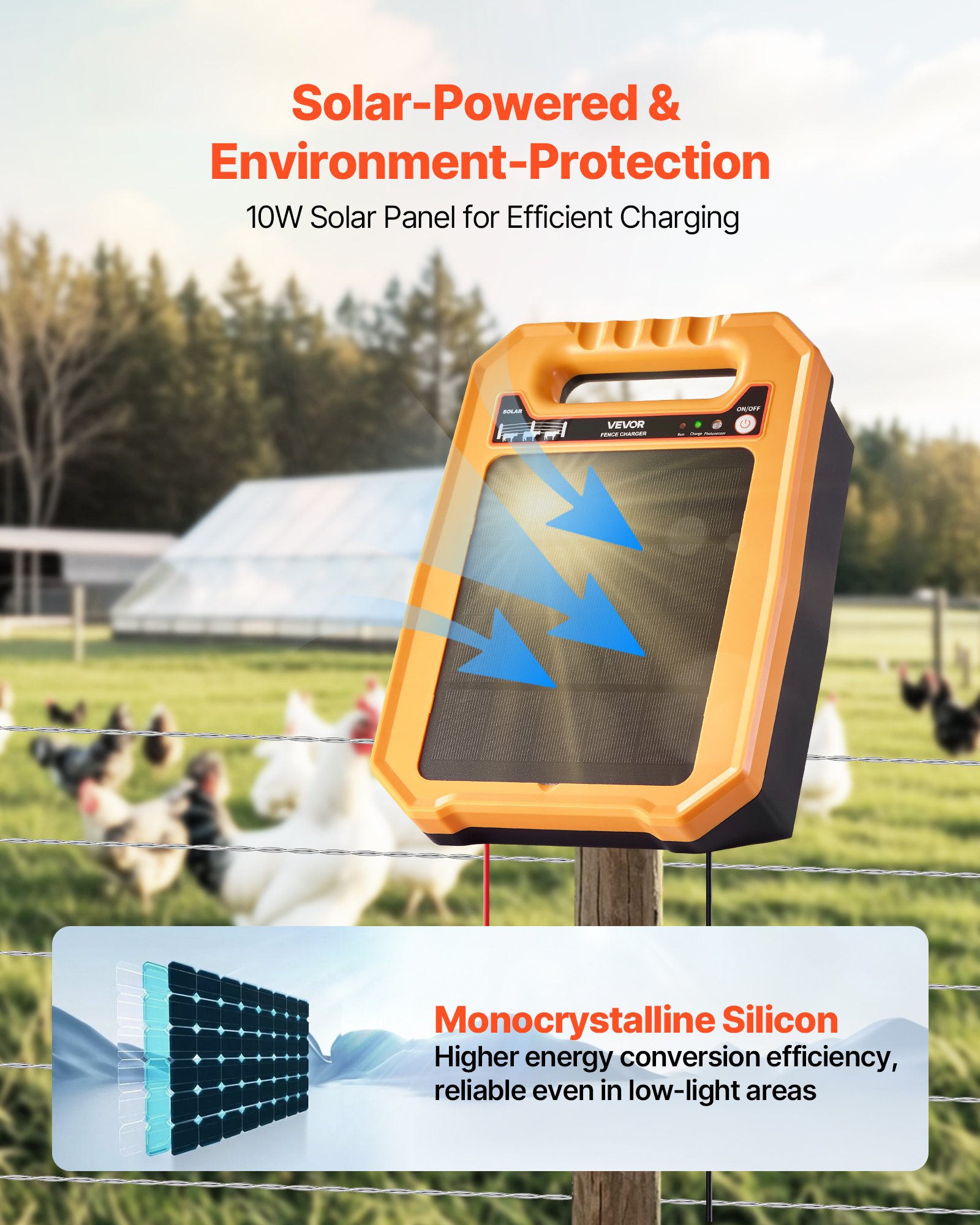 VEVOR Solar Fence Charger,  0.3J 8 kV Solar Powered Fence Charger, 1.86 Miles Range, Weather-Resistant Electric Fence Energizer Kit, 7 Days Runtime, for Livestock, Poultry, Garden Protection