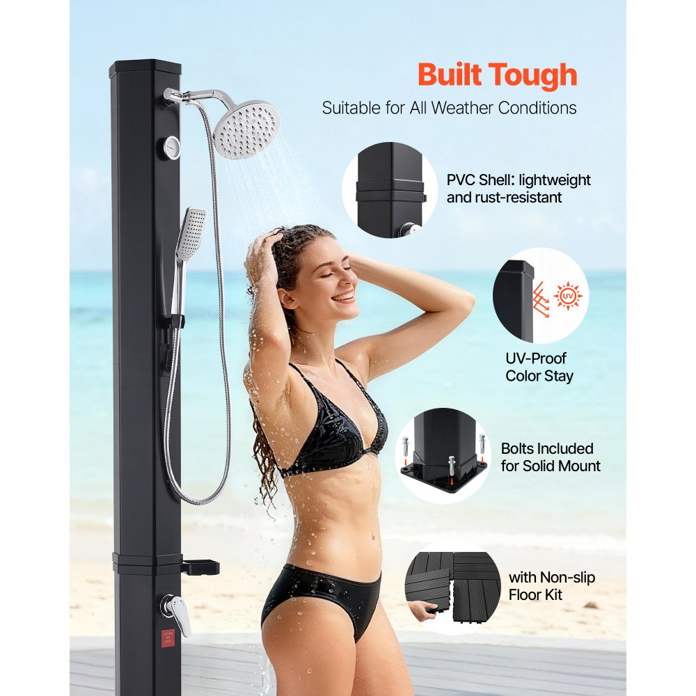 VEVOR 40L Solar Heated Shower, 205cm Showerhead Height Outdoor Shower, with Floor Kit & Handheld & Foot Faucet, Hot & Cold Water Adjust, Freestanding for Backyard Poolside Beach Pool,Black
