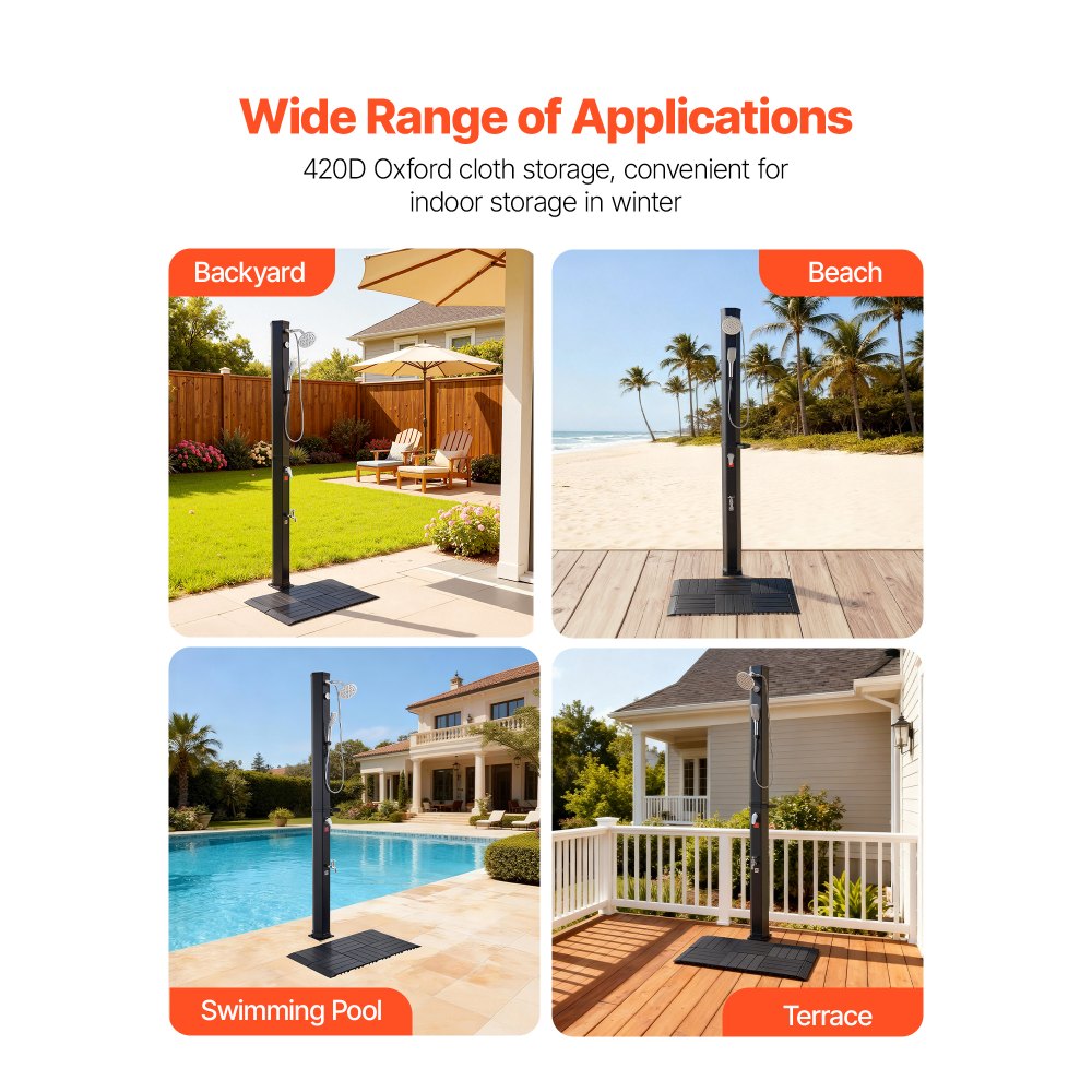 VEVOR 40L Solar Heated Shower, 205cm Showerhead Height Outdoor Shower, with Floor Kit & Handheld & Foot Faucet, Hot & Cold Water Adjust, Freestanding for Backyard Poolside Beach Pool,Black