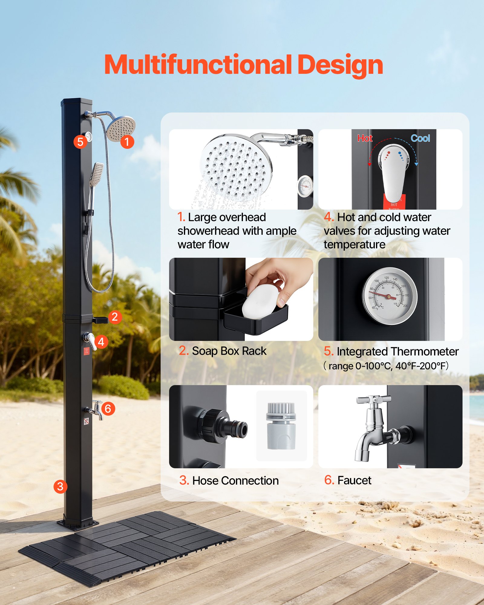 VEVOR 40L Solar Heated Shower, 205cm Showerhead Height Outdoor Shower, with Floor Kit & Handheld & Foot Faucet, Hot & Cold Water Adjust, Freestanding for Backyard Poolside Beach Pool,Black