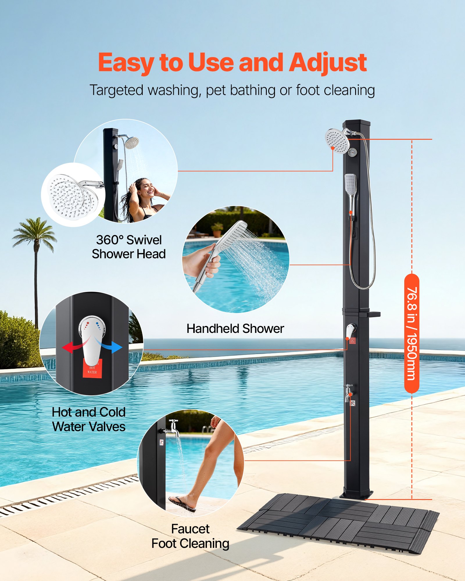 VEVOR 40L Solar Heated Shower, 205cm Showerhead Height Outdoor Shower, with Floor Kit & Handheld & Foot Faucet, Hot & Cold Water Adjust, Freestanding for Backyard Poolside Beach Pool,Black