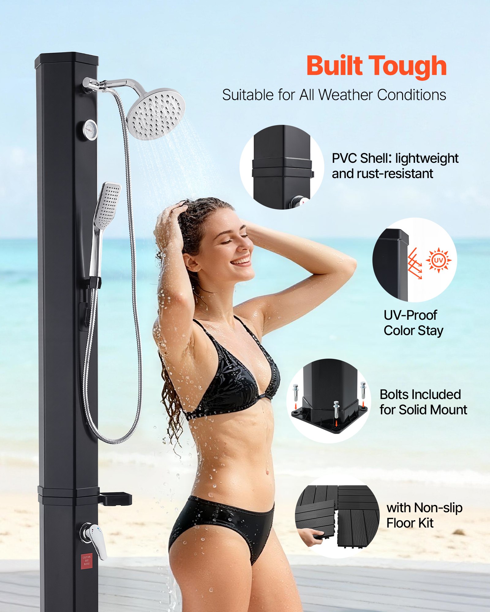 VEVOR 40L Solar Heated Shower, 205cm Showerhead Height Outdoor Shower, with Floor Kit & Handheld & Foot Faucet, Hot & Cold Water Adjust, Freestanding for Backyard Poolside Beach Pool,Black