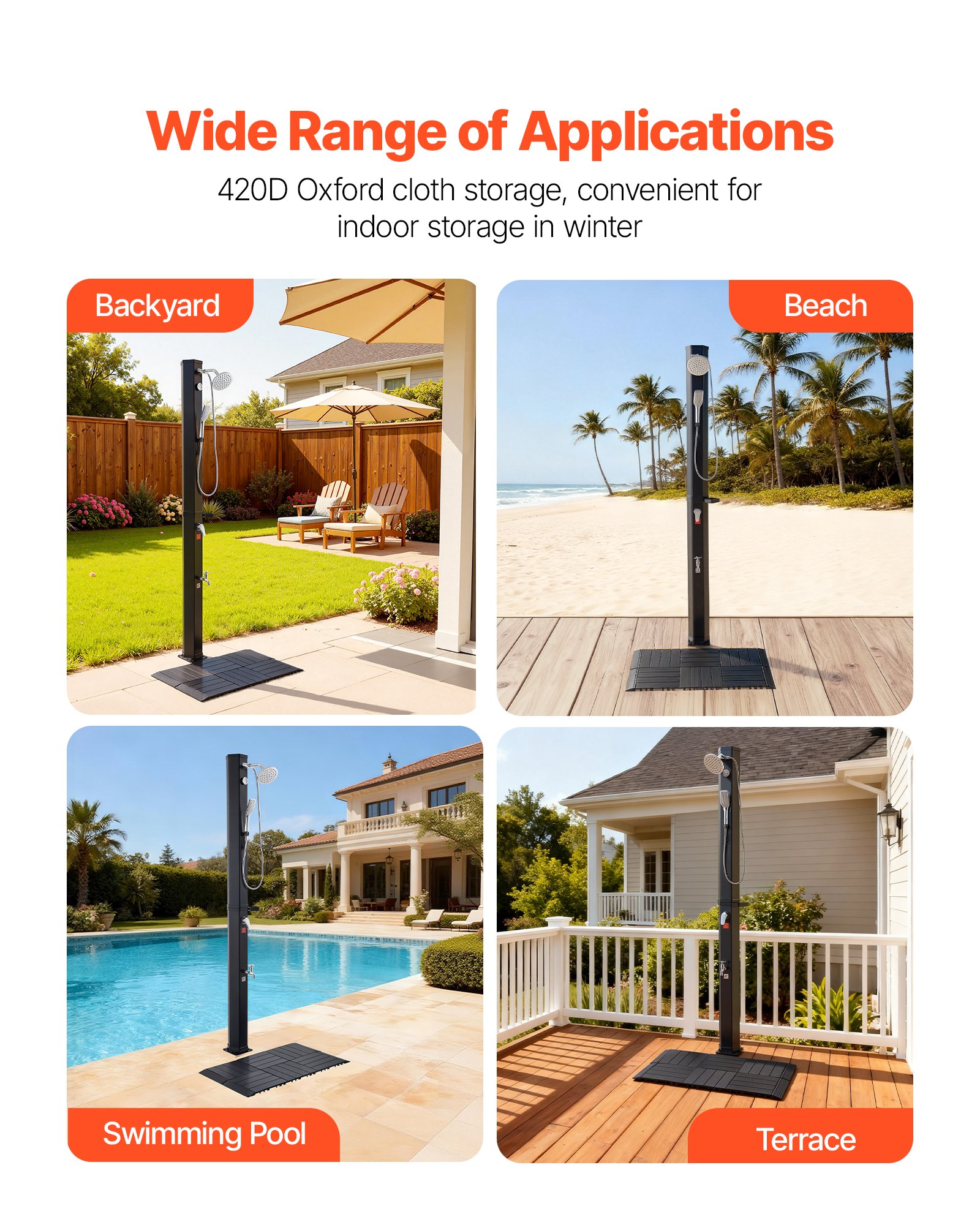 VEVOR 40L Solar Heated Shower, 205cm Showerhead Height Outdoor Shower, with Floor Kit & Handheld & Foot Faucet, Hot & Cold Water Adjust, Freestanding for Backyard Poolside Beach Pool,Black