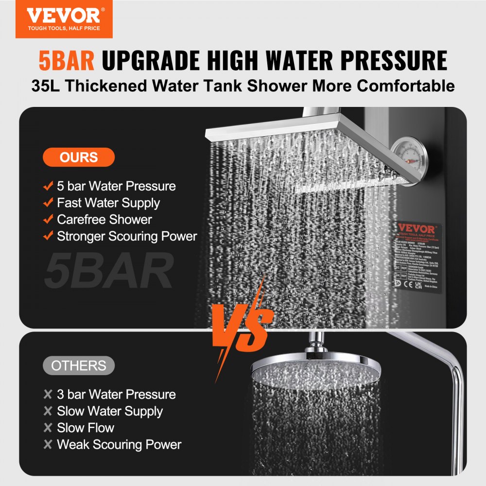 VEVOR Outdoor Solar Heated Shower, 35L Poolside Shower Kit with Shower Head and Foot Shower Tap, Double Buckle Fast Assembly W/ Pre-Drilled Holes for Outdoor Backyard Poolside Beach Spa