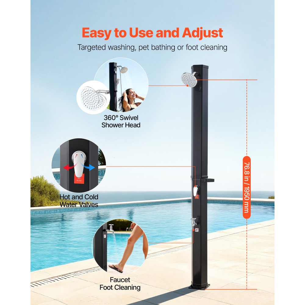VEVOR Solardouche 35 L, Solar tuindouche 2160 mm hoog, zwembaddouche met zeepbakje, warm- en koudwaterregeling, vrijstaand, campingdouche voor tuin, zwembad, strandzwembad, zwart