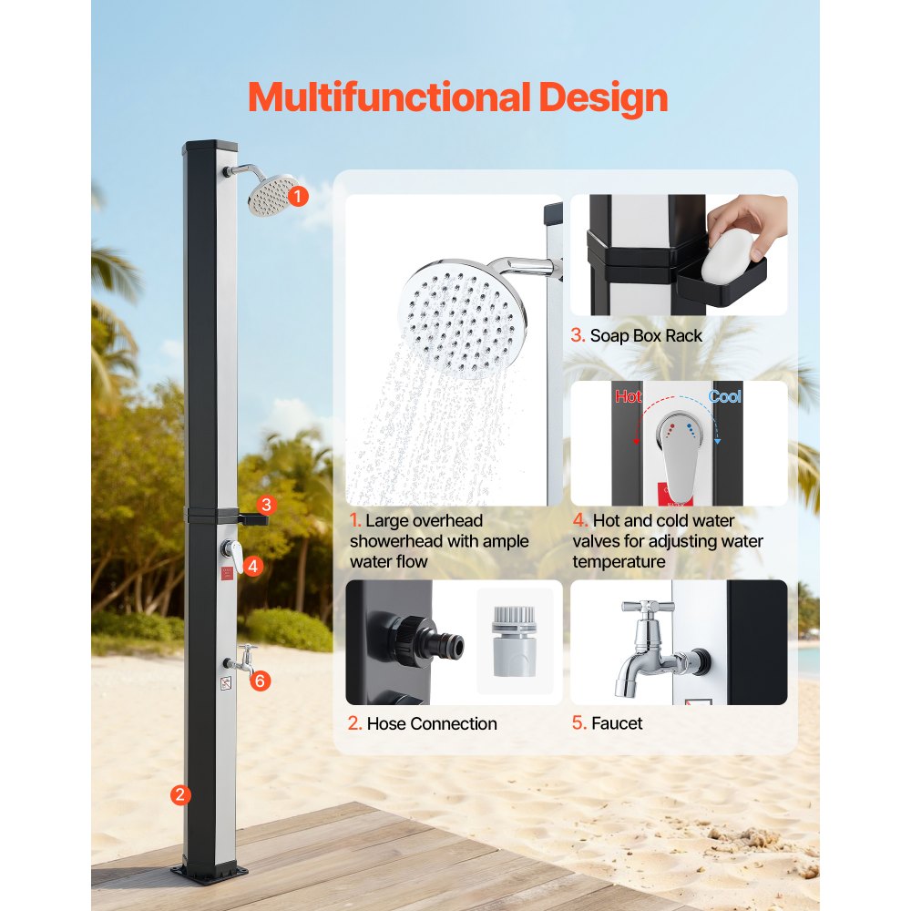 VEVOR Solardouche 35 L, Tuindouche 2160 mm, Buitendouche met voetkraan en zeepbakje, Warm- en koudwaterregeling, max. 60 °C, Campingdouche voor tuin, zwembad, strandzwembad, Zwart/Zilver