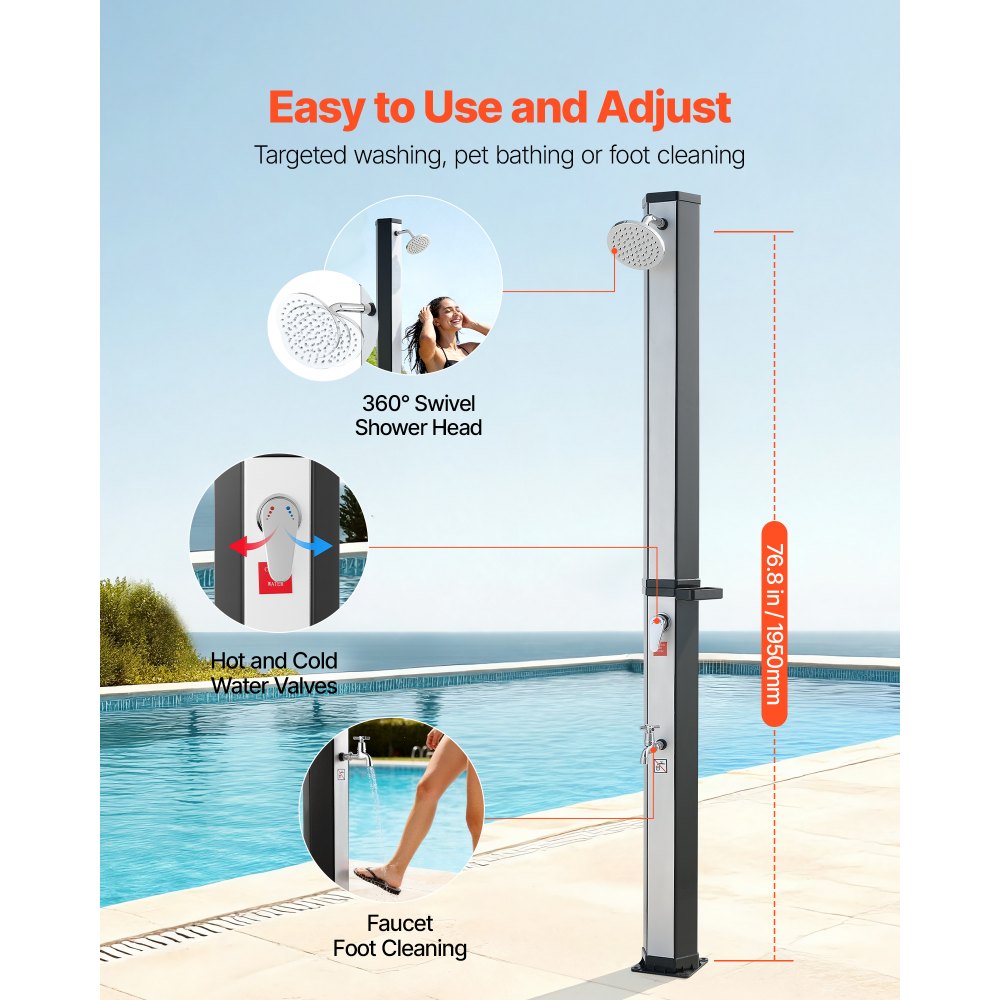 VEVOR Solardouche 35 L, Tuindouche 2160 mm, Buitendouche met voetkraan en zeepbakje, Warm- en koudwaterregeling, max. 60 °C, Campingdouche voor tuin, zwembad, strandzwembad, Zwart/Zilver