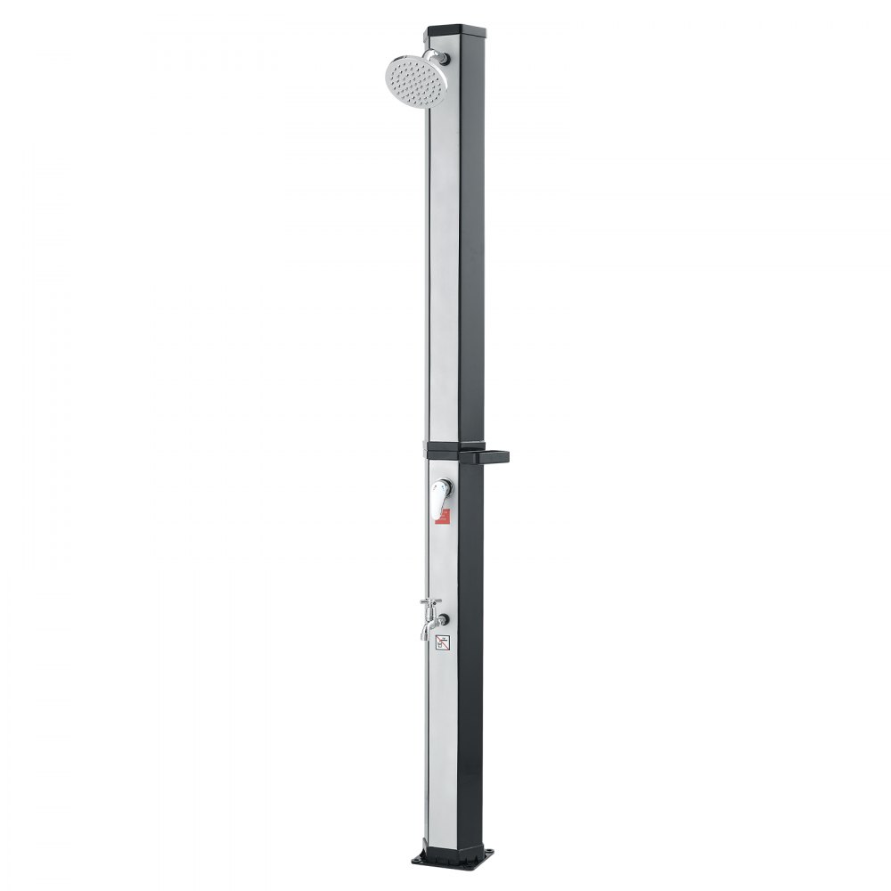 VEVOR Solardouche 35 L, Tuindouche 2160 mm, Buitendouche met voetkraan en zeepbakje, Warm- en koudwaterregeling, max. 60 °C, Campingdouche voor tuin, zwembad, strandzwembad, Zwart/Zilver