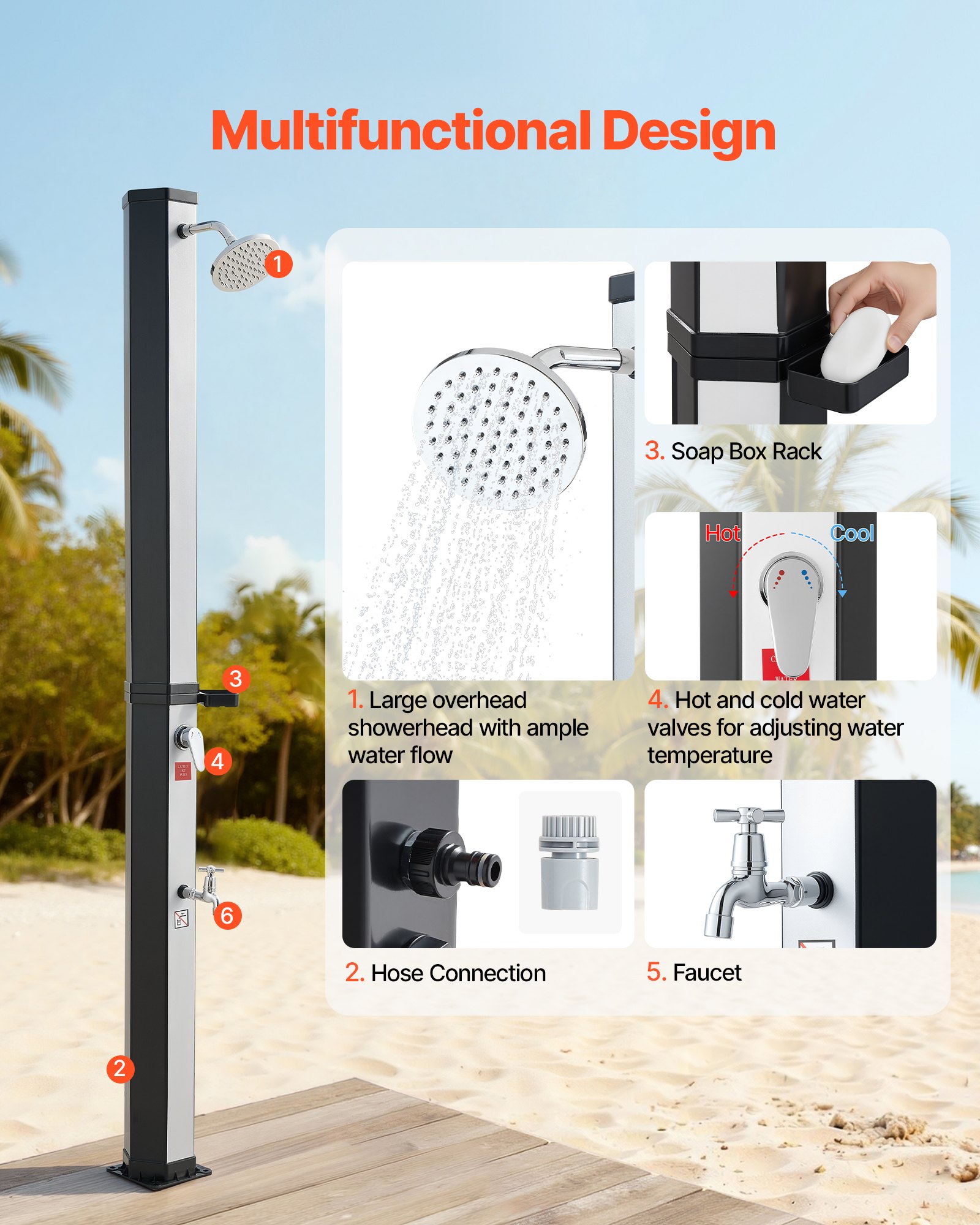 VEVOR Solardouche 35 L, Tuindouche 2160 mm, Buitendouche met voetkraan en zeepbakje, Warm- en koudwaterregeling, max. 60 °C, Campingdouche voor tuin, zwembad, strandzwembad, Zwart/Zilver
