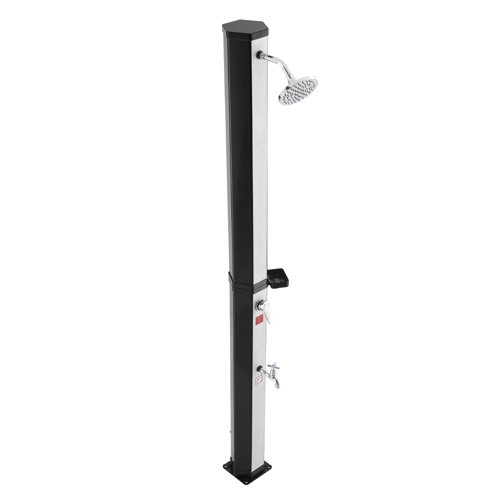 VEVOR Solardouche 35 L, Tuindouche 2160 mm, Buitendouche met voetkraan en zeepbakje, Warm- en koudwaterregeling, max. 60 °C, Campingdouche voor tuin, zwembad, strandzwembad, Zwart/Zilver