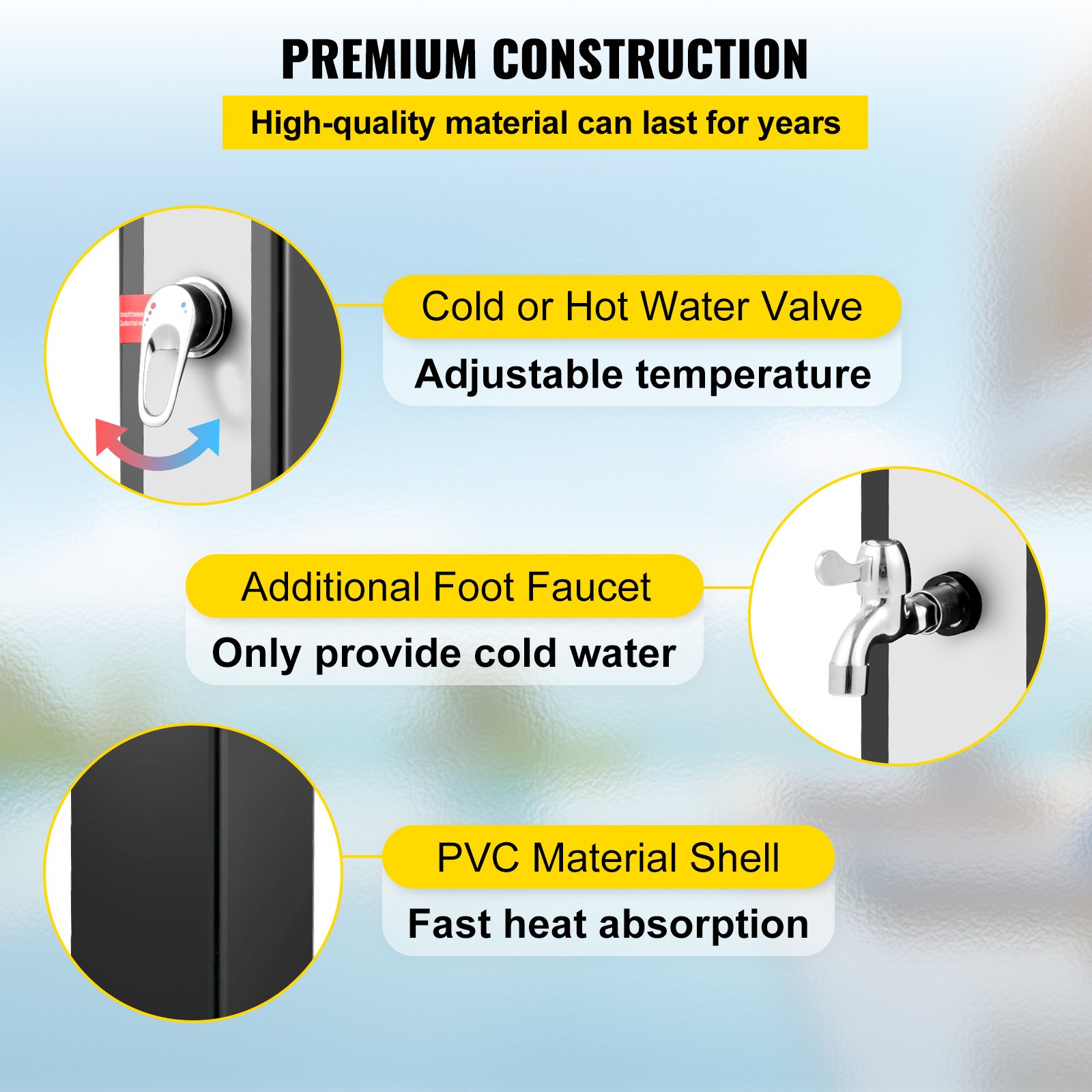 VEVOR Zonne-verwarmde douche, 10,6 Gal zwembad hot tub 7FT outdoor douchekop temperatuur instelbaar,40L zilver