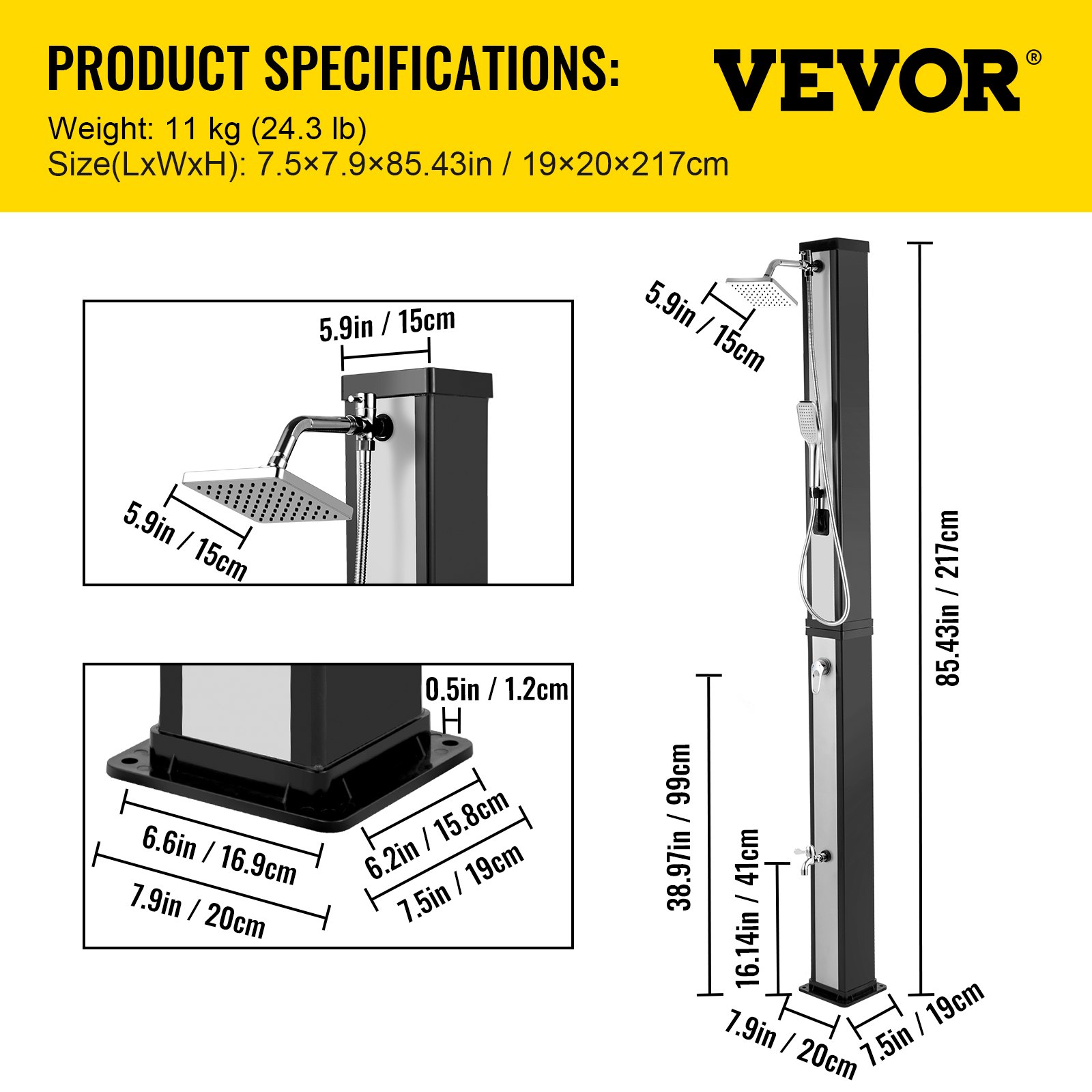 VEVOR Zonne-verwarmde douche, 10,6 Gal zwembad hot tub 7FT outdoor douchekop temperatuur instelbaar,40L zilver