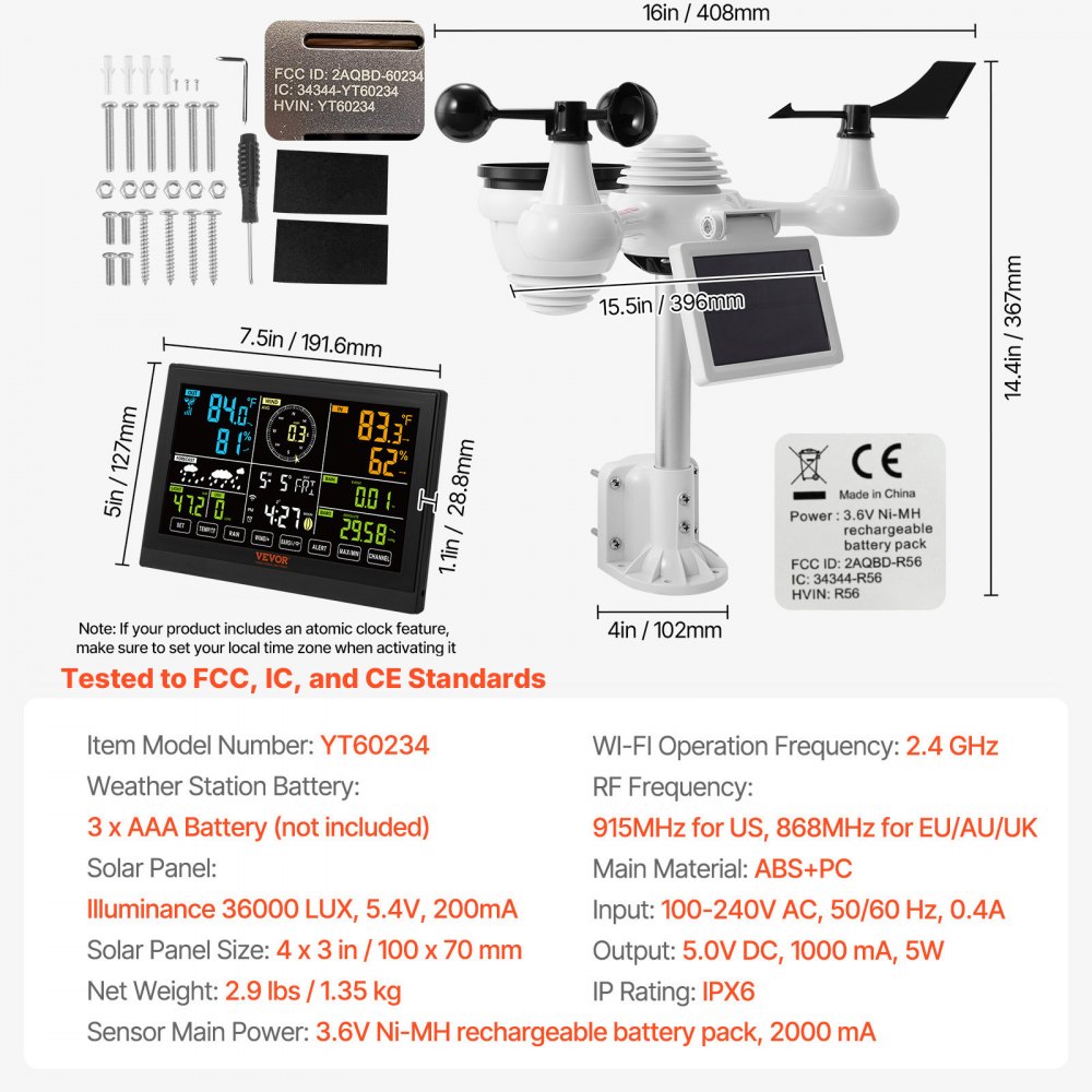 VEVOR professioneel wifi-weerstation 7-in-1 weercentrum op zonne-energie 19cm (7,5-inch) display 150 m zendbereik Buitensensor voor windsnelheid, windrichting, temperatuur, luchtvochtigheid, neerslag