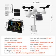 VEVOR professioneel wifi-weerstation 7-in-1 weercentrum op zonne-energie 7,5-inch display 150 m zendbereik Buitensensor voor windsnelheid, windrichting, temperatuur, luchtvochtigheid, neerslag