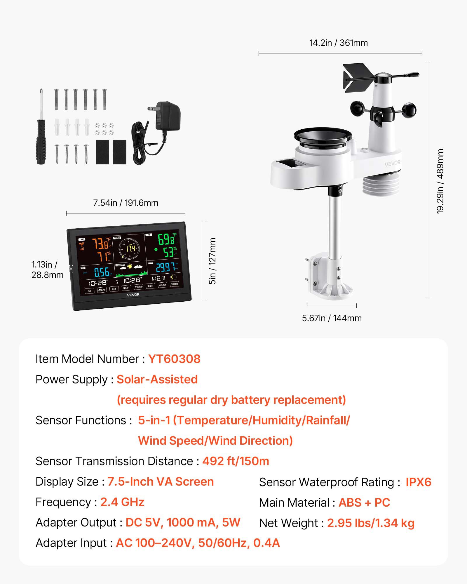 VEVOR 5-in-1 WiFi-weerstation, 7,5-inch VA-display, op zonne-energie werkende buitensensor, weercentrum voor weersvoorspelling, windsnelheid, windrichting, temperatuur, luchtvochtigheid en neerslag.