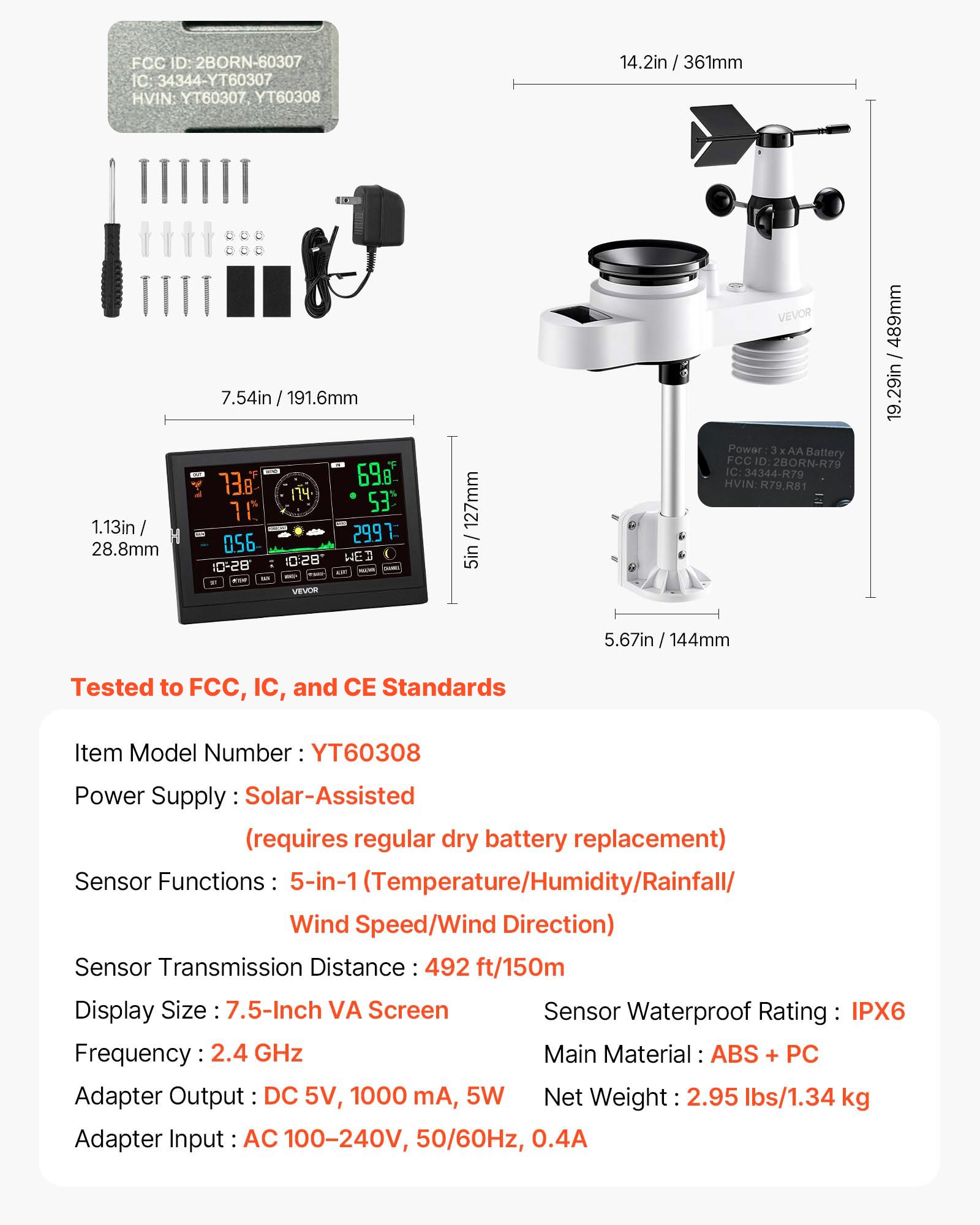 VEVOR 5-in-1 Wi-Fi Weather Station, 7.5-Inch VA Display, Wireless Solar Powered Outdoor Sensor, Rain Gauge, Indoor Outdoor for Weather Forecast, Wind Speed Direction, Temperature, Humidity, Rainfall