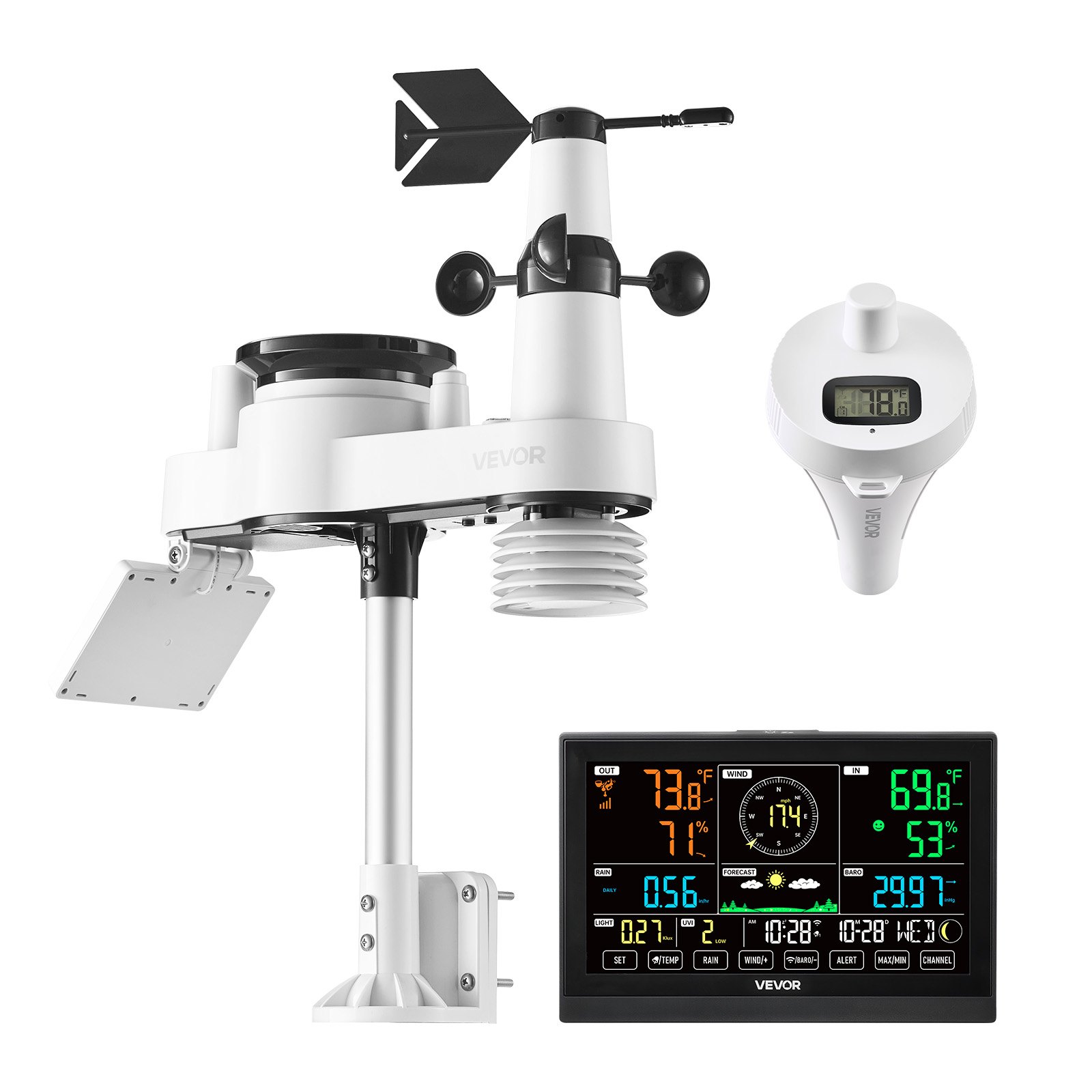 VEVOR 7-in-1 Wi-Fi Weather Station with APP, 7.5 in Display, Wireless Solar Powered Outdoor Sensor, with Pool Thermometer, Rain Gauge, Indoor Outdoor for Weather Forecast, Wind Speed, Pool Temperature