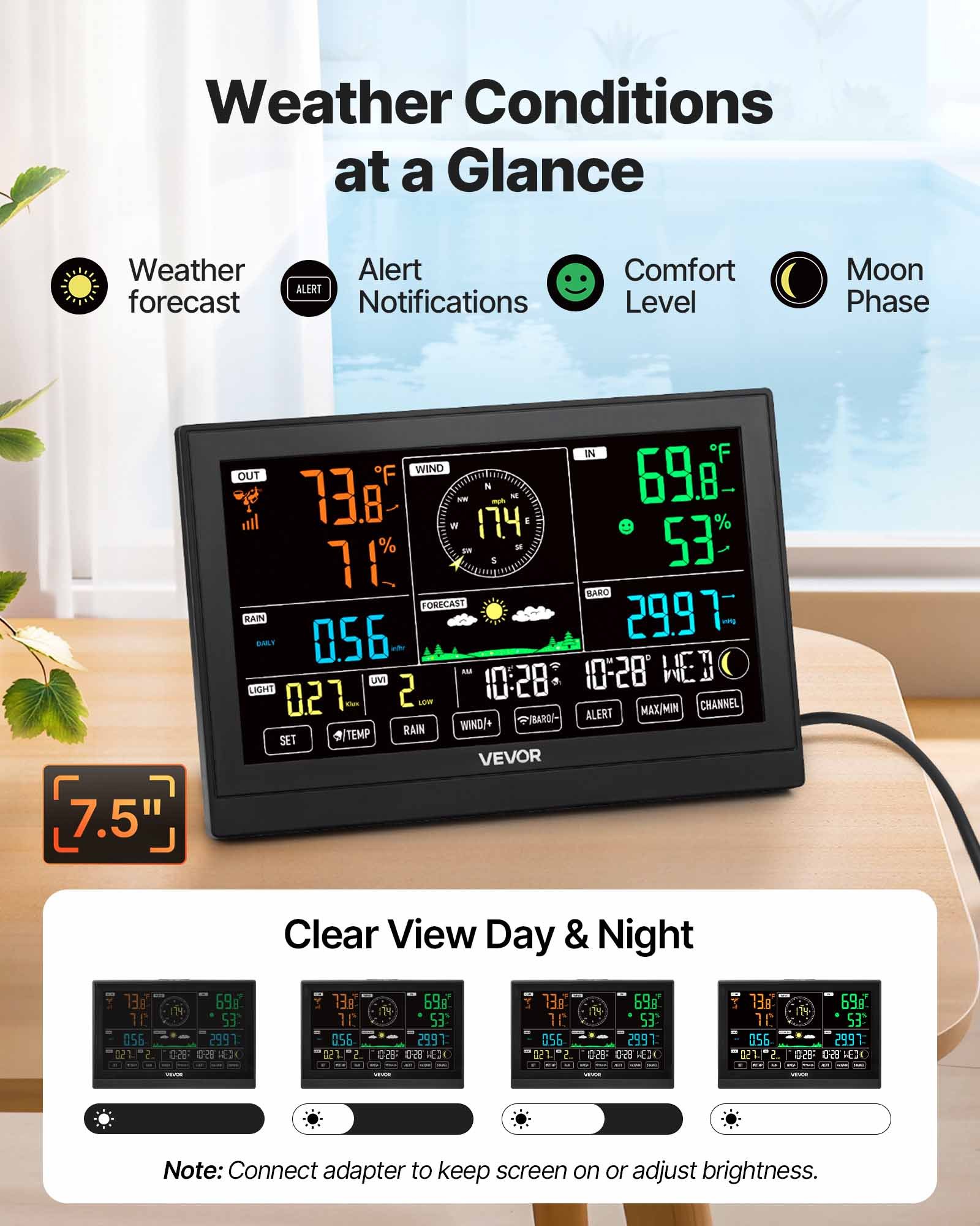 VEVOR 7-in-1 wifi-weerstation met app, 7,5-inch display, op zonne-energie werkende buitensensor, met zwembadthermometer, regenmeter, weercentrum voor weersvoorspellingen, windsnelheid en zwembadtemperatuur.