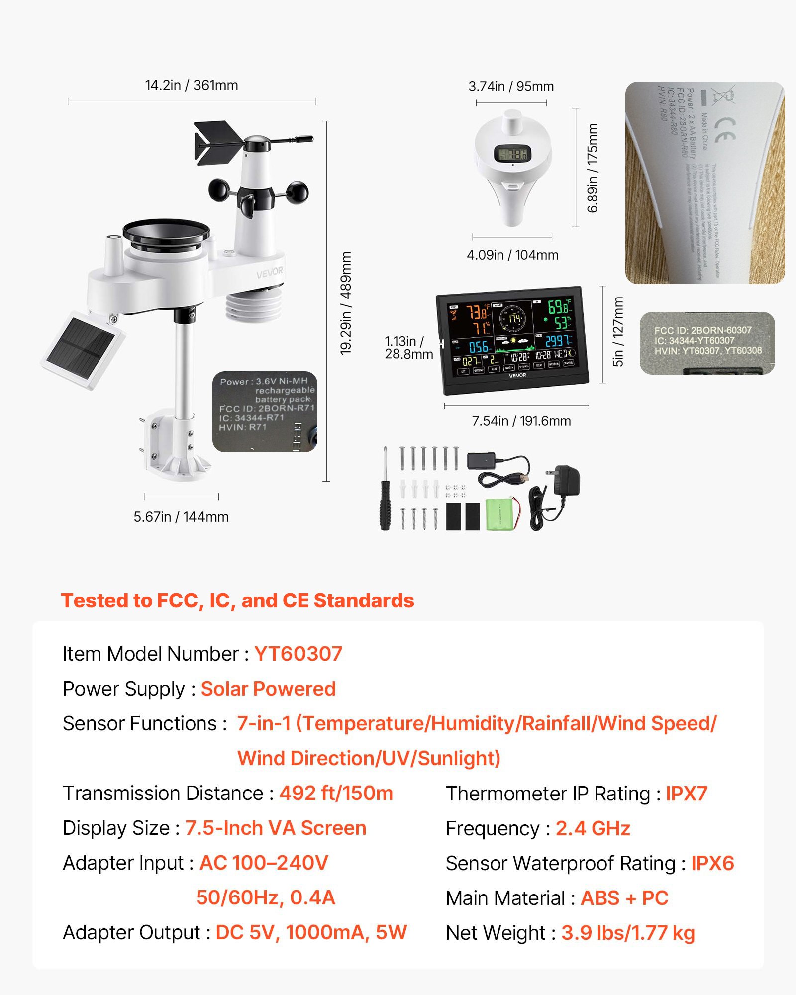 VEVOR 7-in-1 wifi-weerstation met app, 7,5-inch display, op zonne-energie werkende buitensensor, met zwembadthermometer, regenmeter, weercentrum voor weersvoorspellingen, windsnelheid en zwembadtemperatuur.