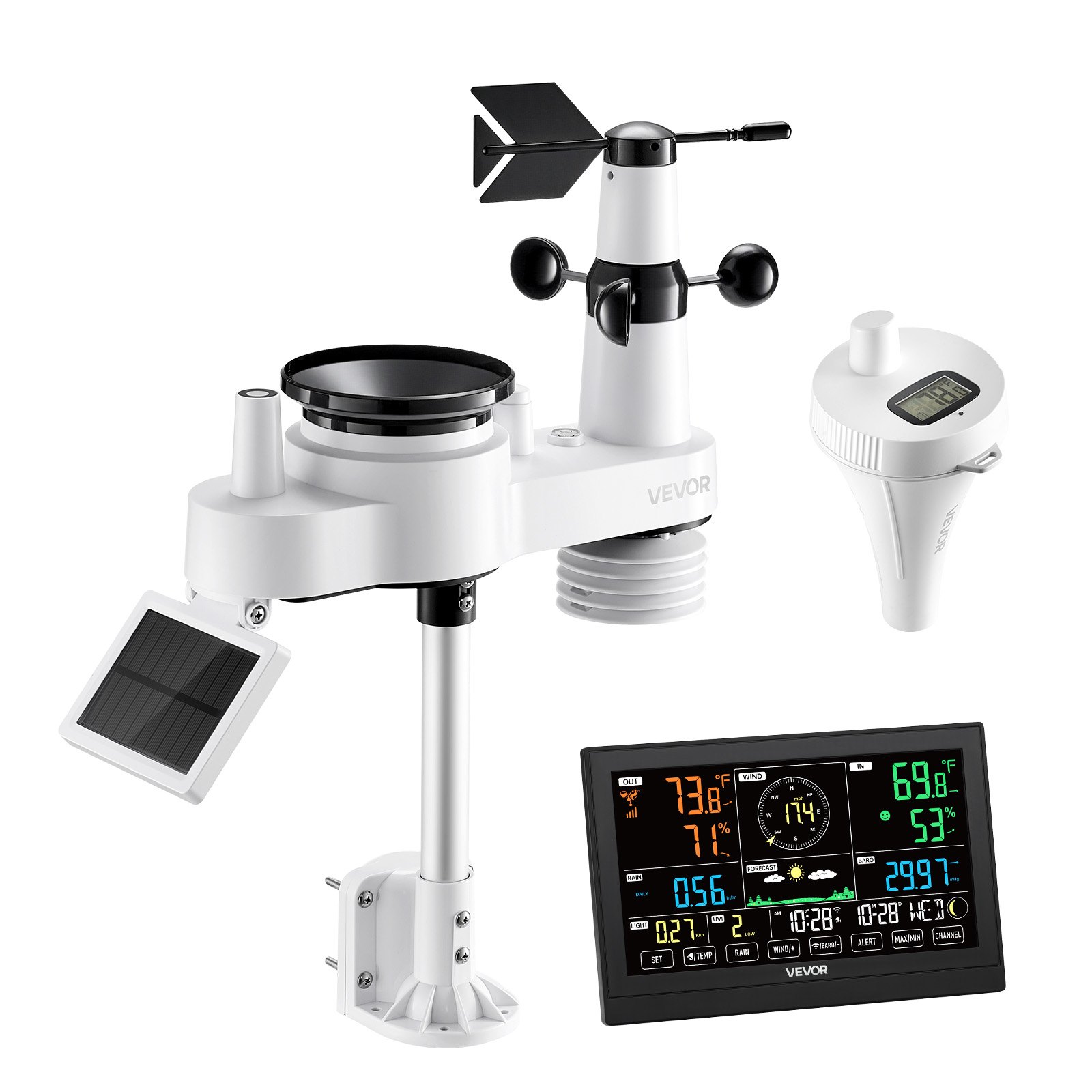 VEVOR 7-in-1 wifi-weerstation met app, 7,5-inch display, op zonne-energie werkende buitensensor, met zwembadthermometer, regenmeter, weercentrum voor weersvoorspellingen, windsnelheid en zwembadtemperatuur.