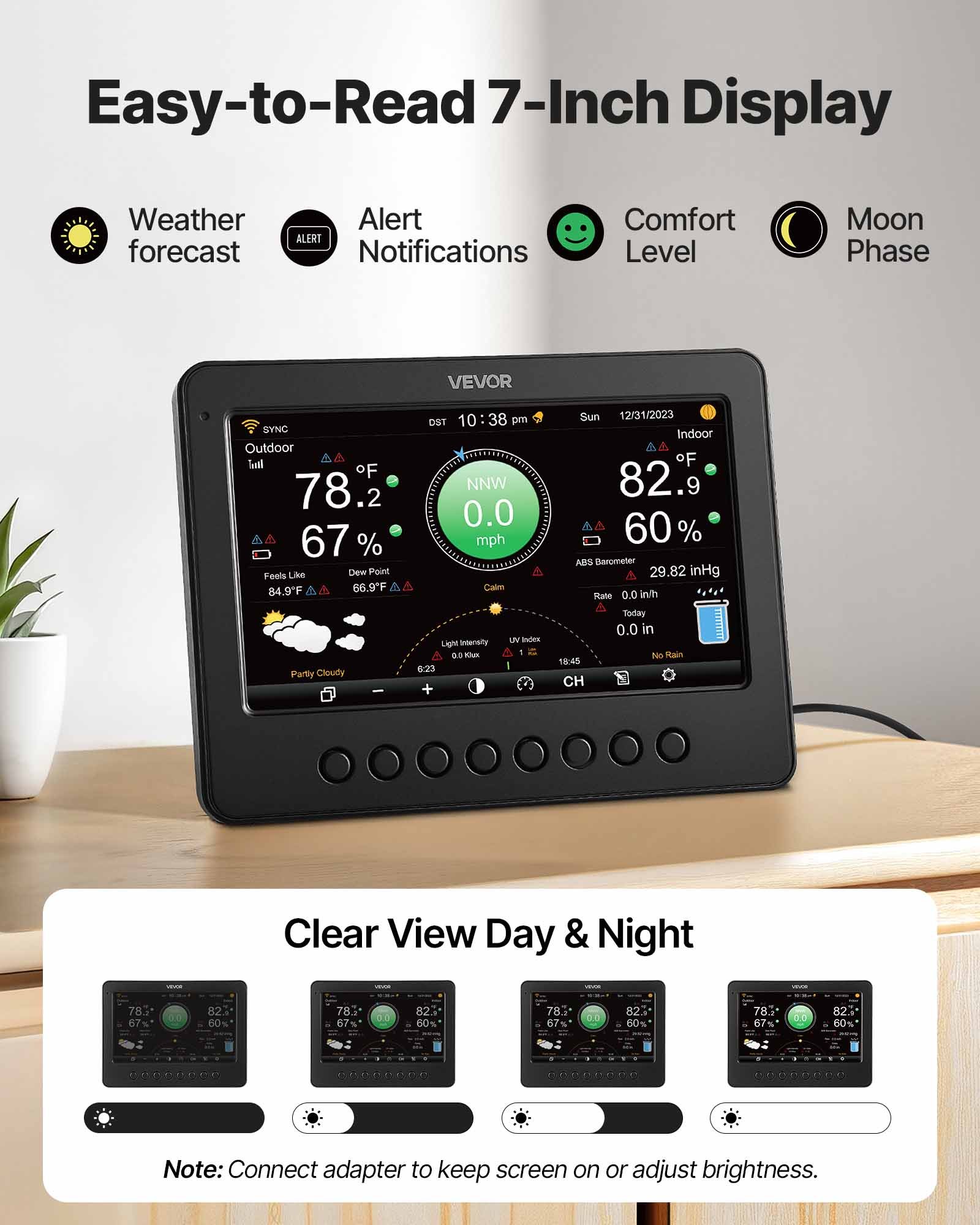 VEVOR 7-in-1 WiFi-weerstation, 7-inch TFT-scherm, op zonne-energie werkende buitensensor, weercentrum voor weersvoorspelling, windsnelheid, windrichting, temperatuur, vochtigheid en neerslag