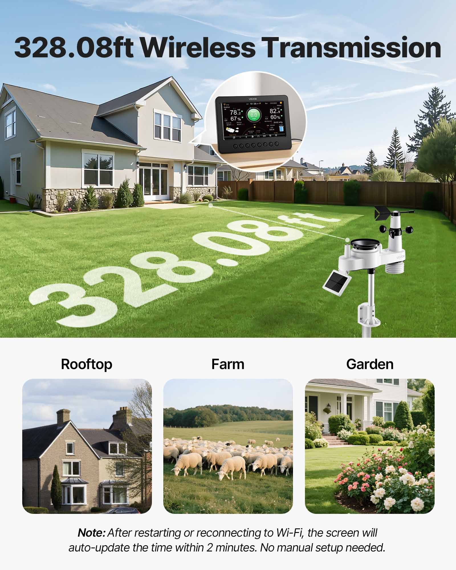 VEVOR 7-in-1 WiFi-weerstation, 7-inch TFT-display, op zonne-energie werkende buitensensor, weercentrum voor weersvoorspelling, windsnelheid, windrichting, temperatuur, luchtvochtigheid en neerslag.