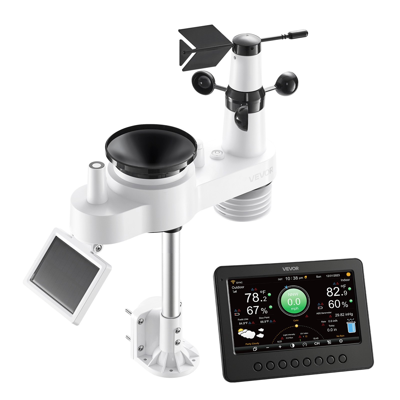 VEVOR 7-in-1 WiFi-weerstation, 7-inch TFT-display, op zonne-energie werkende buitensensor, weercentrum voor weersvoorspelling, windsnelheid, windrichting, temperatuur, luchtvochtigheid en neerslag.