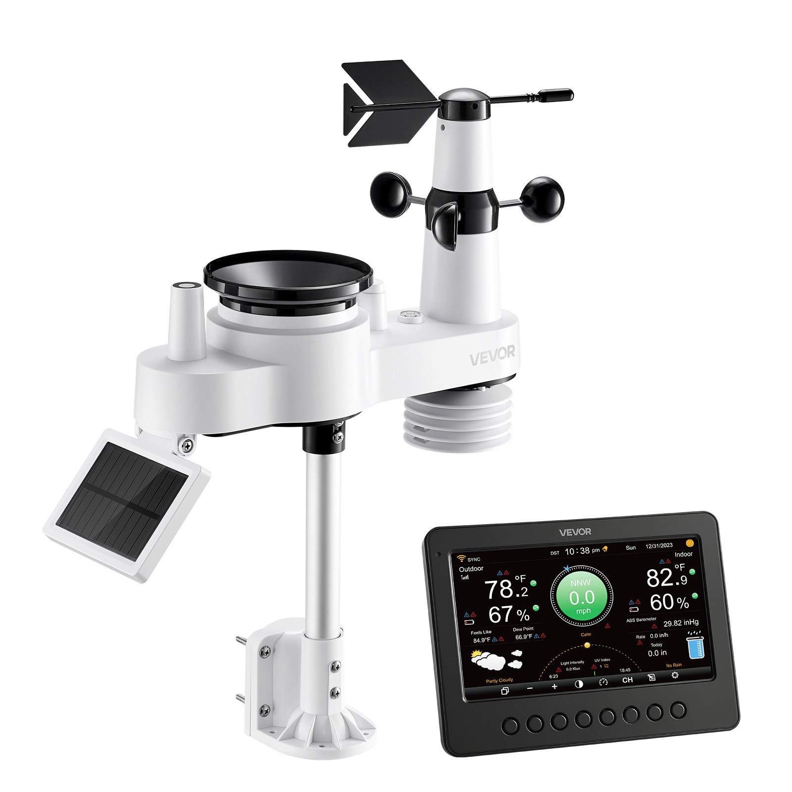 VEVOR 7-in-1 WiFi-weerstation, 7-inch TFT-display, op zonne-energie werkende buitensensor, weercentrum voor weersvoorspelling, windsnelheid, windrichting, temperatuur, luchtvochtigheid en neerslag.