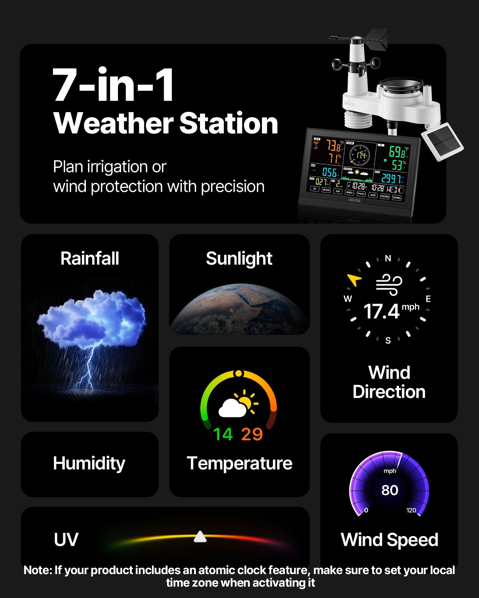 VEVOR 7-in-1 draadloos weerstation, 7,5-inch display, op zonne-energie werkende buitensensor, regenmeter, voor weersvoorspelling, temperatuur, vochtigheidsmeter, windsnelheid en -richting (geen wifi)