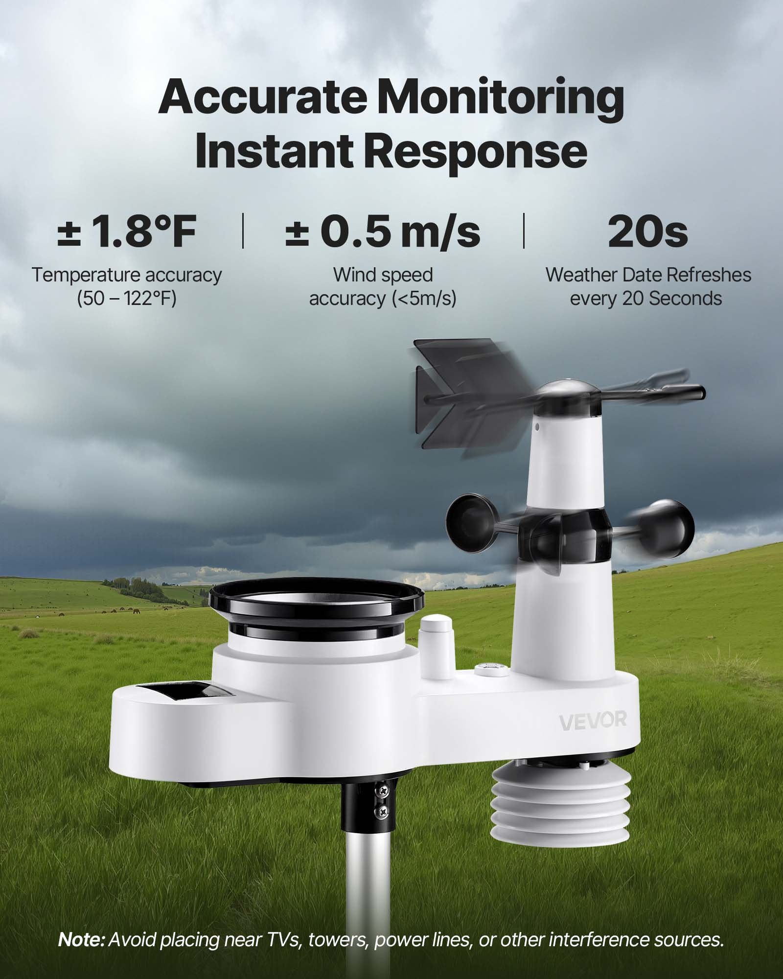 VEVOR 5-in-1 Wireless Weather Station, 7.5-Inch VA Display, Solar Powered Outdoor Sensor, Rain Gauge, Indoor Outdoor for Weather Forecast, Temperature, Humidity, Wind Speed and Direction (No WiFi)
