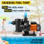 VEVOR pool pump beside a pool with a child and inflatable toys in the background.