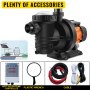 VEVOR pool pump and accessories including cables, plastic wrench, and mppt solar pump controller.