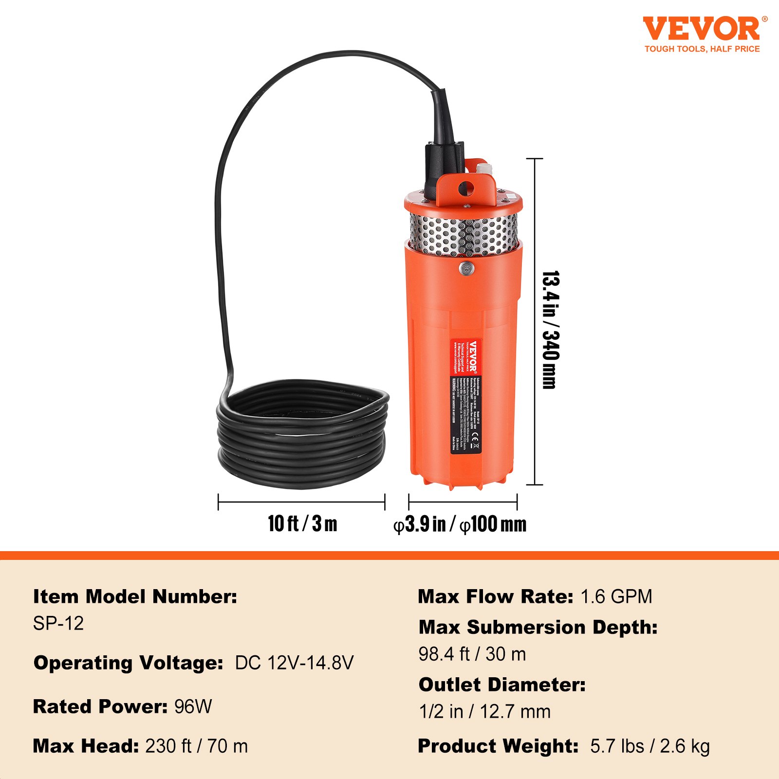 VEVOR Solar Water Pump, 12V DC 96W Submersible Deep Well Pump, Max Flow 1.6 GPM, Max Head 230 ft, Max Submersion 98.4 ft, Solar Powered Water Pump for Well