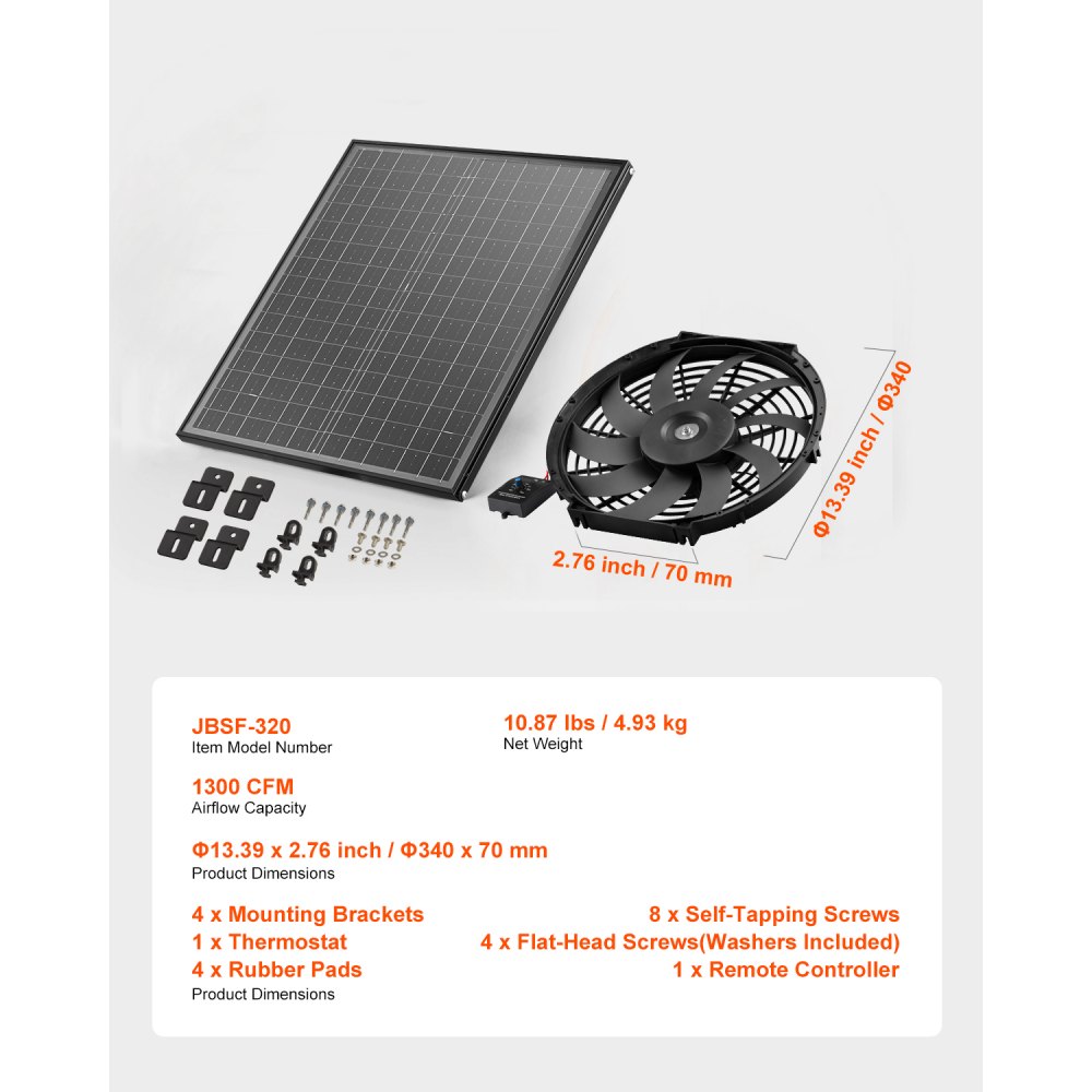 VEVOR Solarventilator, ventilatie, ventilator, Φ340x70 mm, zolderafzuigventilator met regelbare thermostaat, extern rooster, luchtstroomcapaciteit van 1300 CFM, voor zadeldak, dak, garage, werkplaats